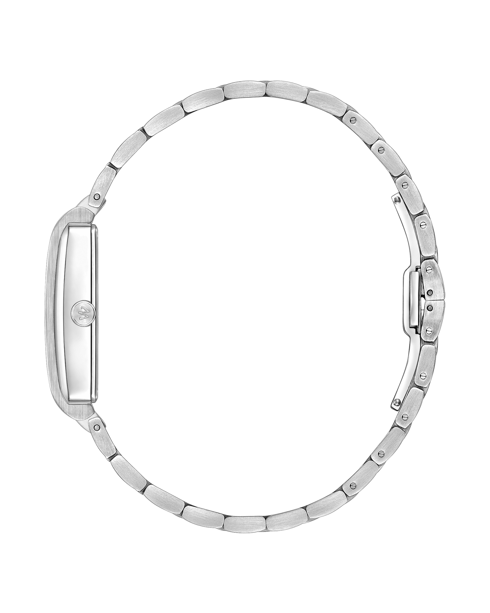 The JBW Watches Mink Petite | J6394B is displayed from the side, emphasizing its slim silver metal design and linked bracelet; the watch face remains out of view.