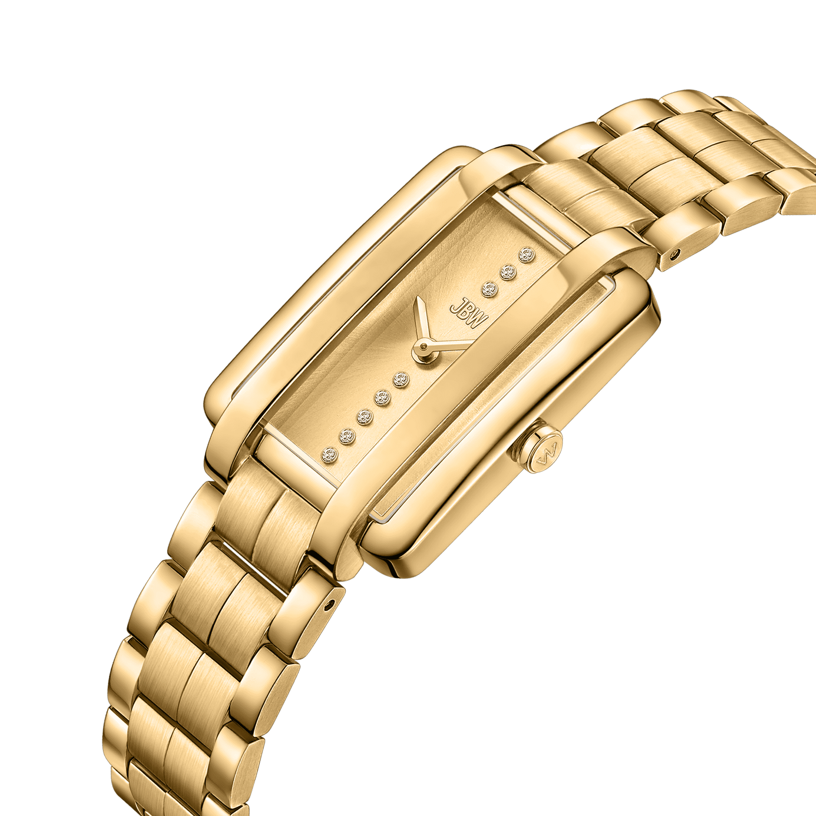 The Mink Petite | J6395A by JBW Watches features a gold rectangular case, linked metal band, and minimalist dial with lab grown diamond markers, all showcased on a plain white background.