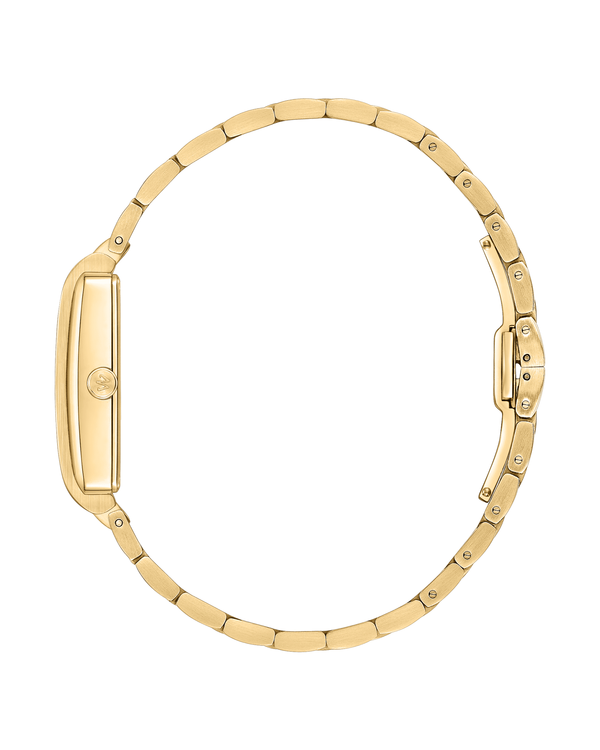 The Mink Petite | J6395A by JBW Watches is a gold wristwatch with a slim rectangular case and linked bracelet, displayed in side profile against a plain white background.