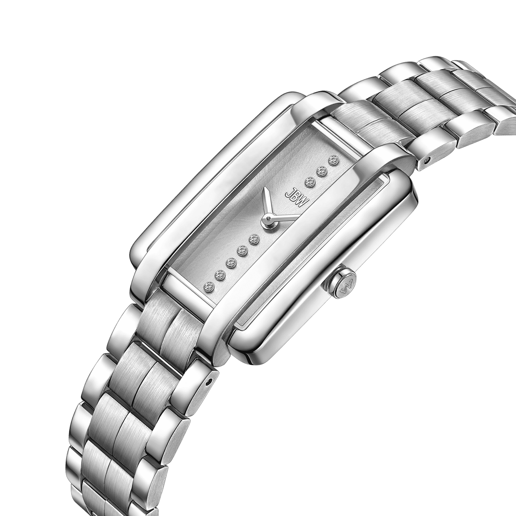 The Mink Petite | J6395B-GA Sample Sale (Grade A) by JBW Watches is a silver rectangular luxury watch with a metallic link band and minimalist dial featuring small round lab grown diamond markers, shown on a white background.