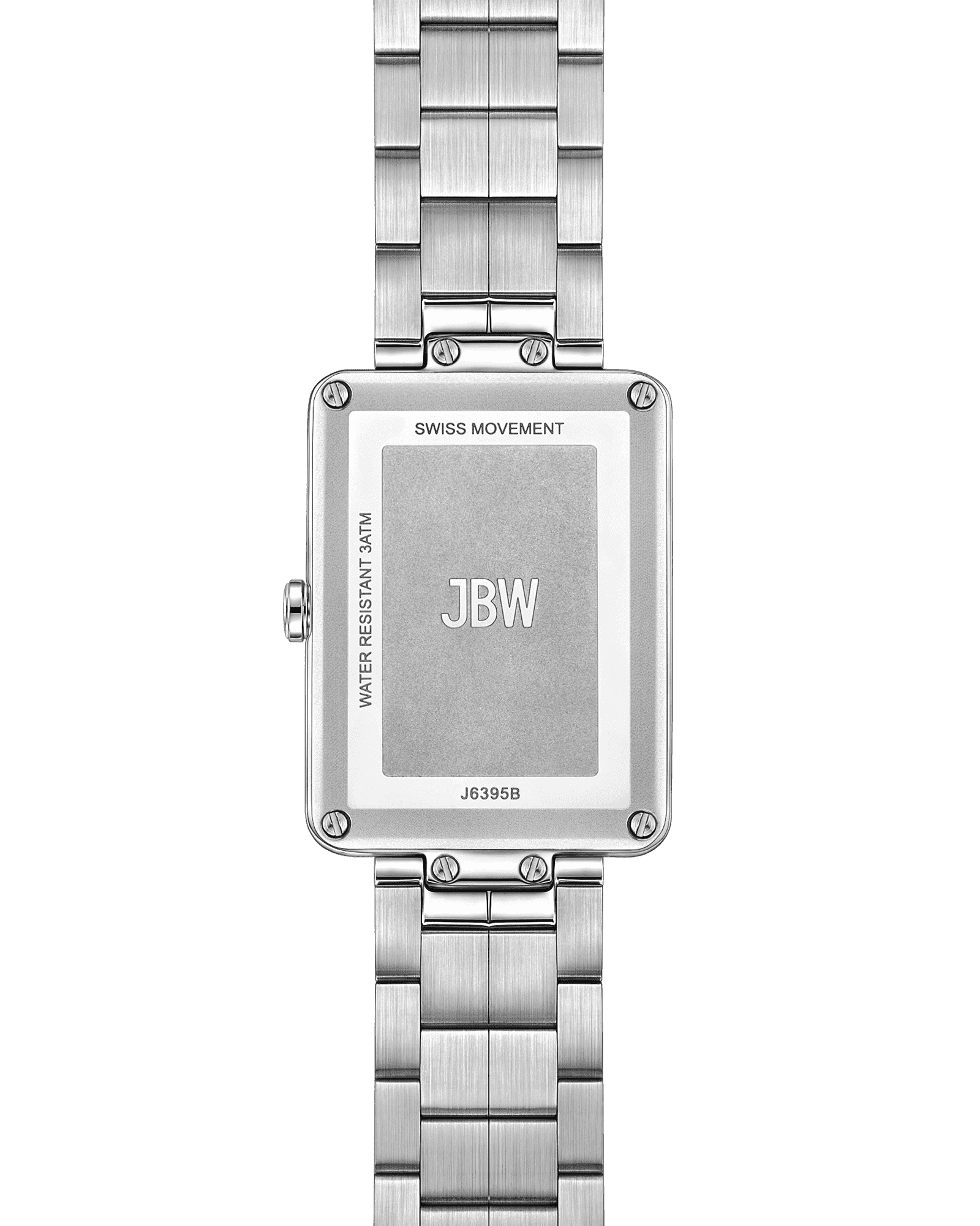 Back view of the JBW Watches Mink Petite | J6395B-GA (Sample Sale) luxury watch with a rectangular stainless steel case and metal link band. The case back is engraved with JBW, SWISS MOVEMENT, WATER RESISTANT 3ATM, and model number J6395B.