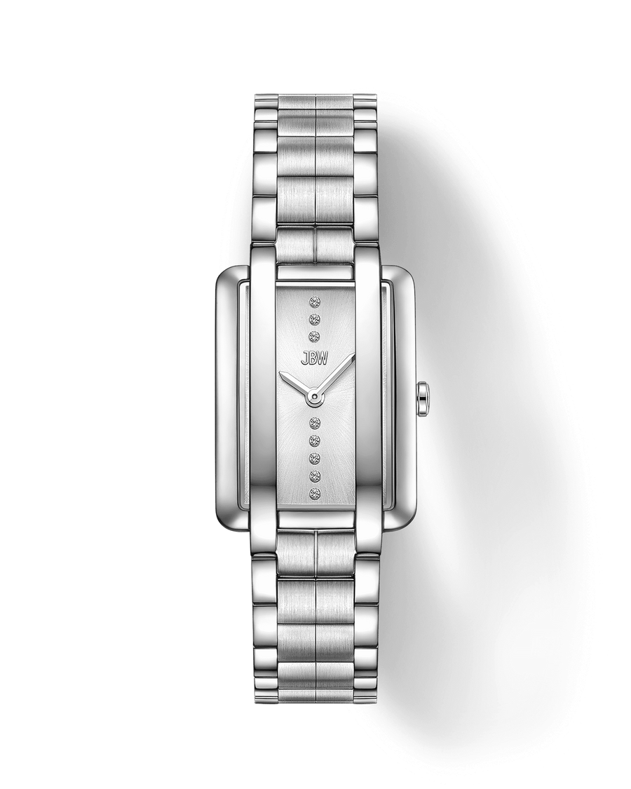 The Mink Petite | J6395B-GA Sample Sale (Grade A) by JBW Watches is a rectangular silver luxury watch with a metal link band, minimalist design, and vertical lab grown diamonds on the face under the brand name. Plain white background.