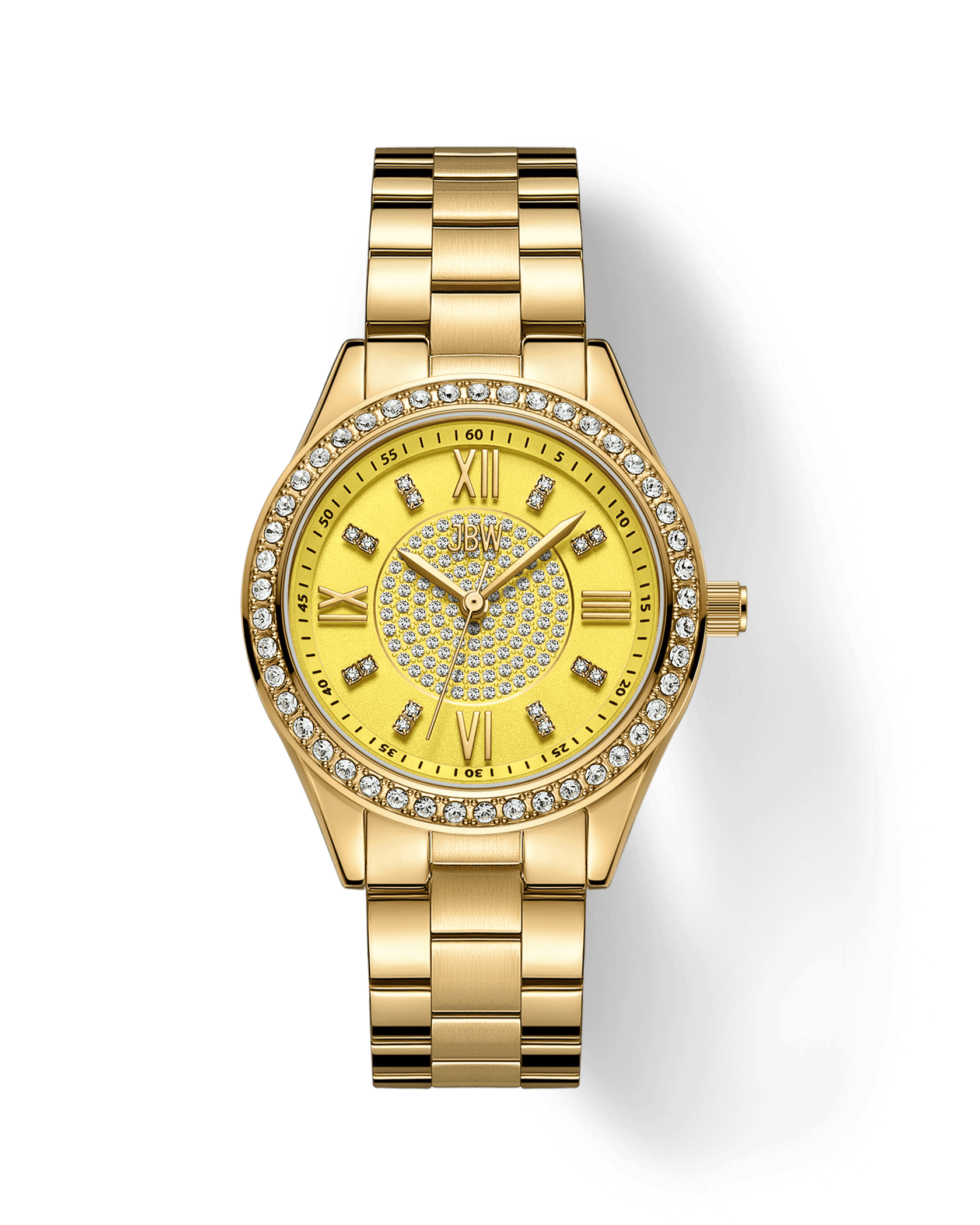 The JBW Watches Mondrian 34 | J6388D is a gold-plated stainless steel watch with a round face, Roman numerals, crystal-studded bezel, diamond hour markers, and sparkling stones on the dial, finished with a gold metal link bracelet.