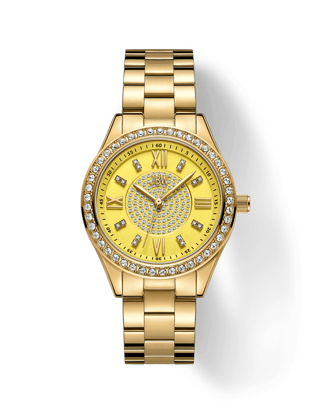 The JBW Watches Mondrian 34 | J6388D is a gold-plated stainless steel watch with a round face, Roman numerals, crystal-studded bezel, diamond hour markers, and sparkling stones on the dial, finished with a gold metal link bracelet.