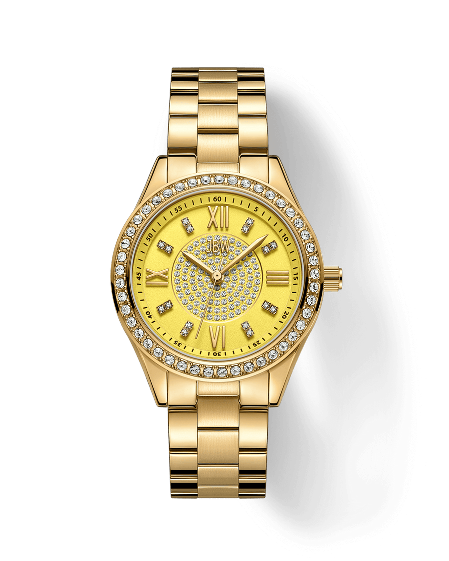 The JBW Watches Mondrian 34 | J6388D is a gold-plated stainless steel watch with a round face, Roman numerals, crystal-studded bezel, diamond hour markers, and sparkling stones on the dial, finished with a gold metal link bracelet.