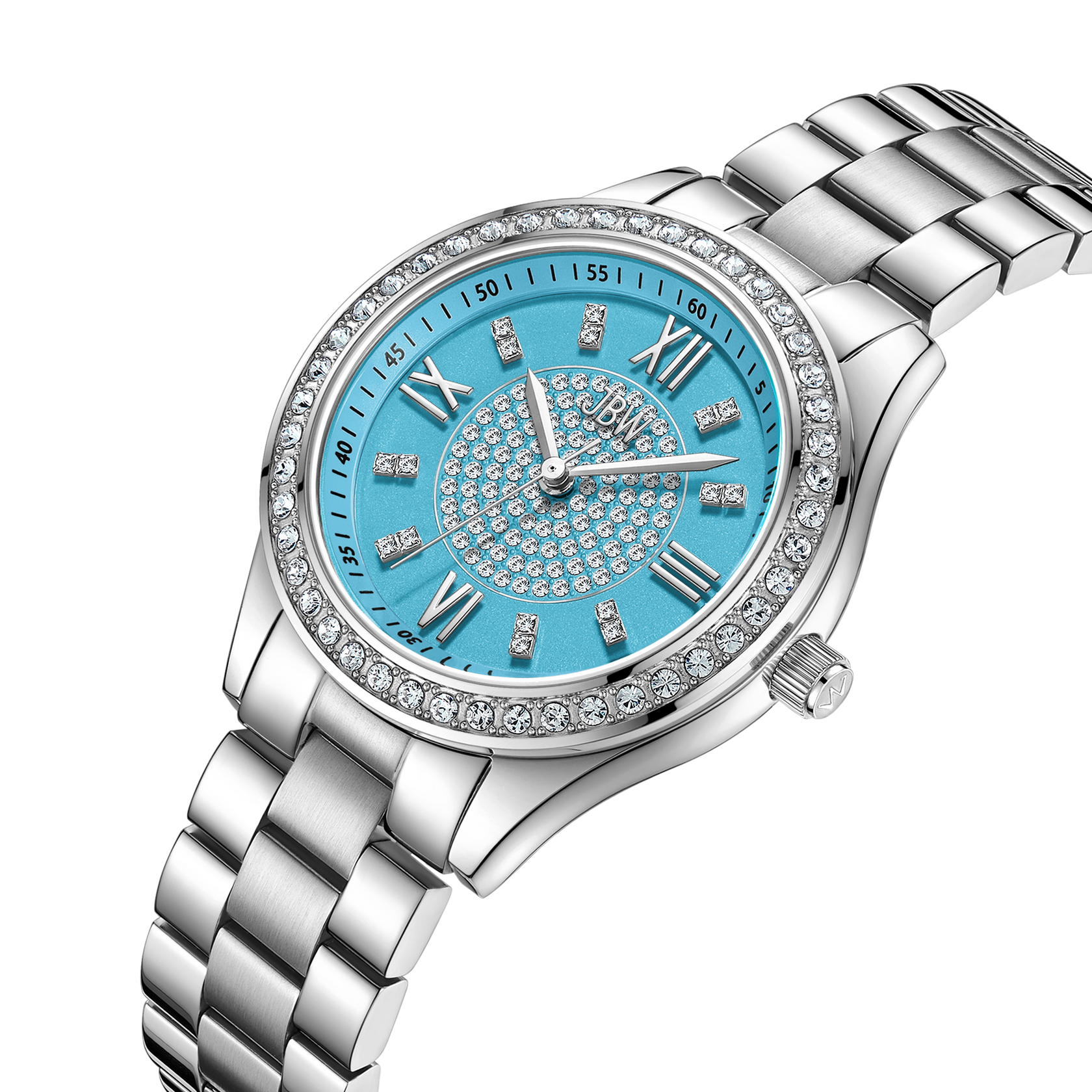 The Mondrian 34 | J6388E by JBW Watches is a silver wristwatch with a turquoise face, Roman numerals, and crystals on the bezel and dial. This classic diamond watch features a metal link band and is elegantly shown on a white background.