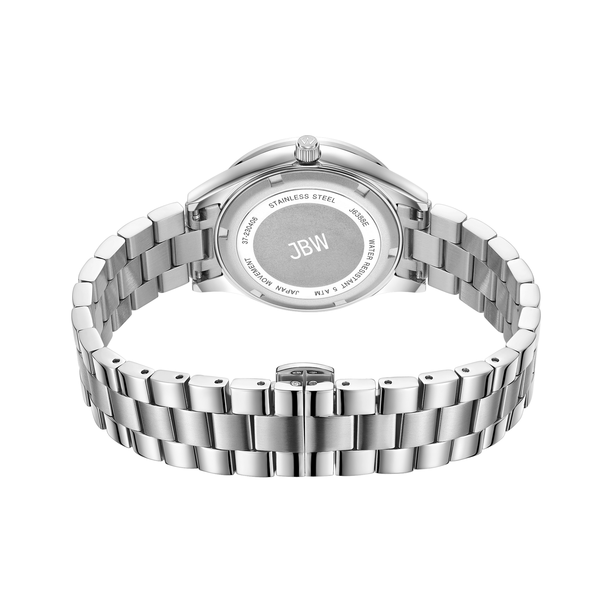 A silver JBW Watches Mondrian 34 | J6388E wristwatch is shown from the back, displaying a stainless steel link bracelet and the JBW logo engraved on the case back.
