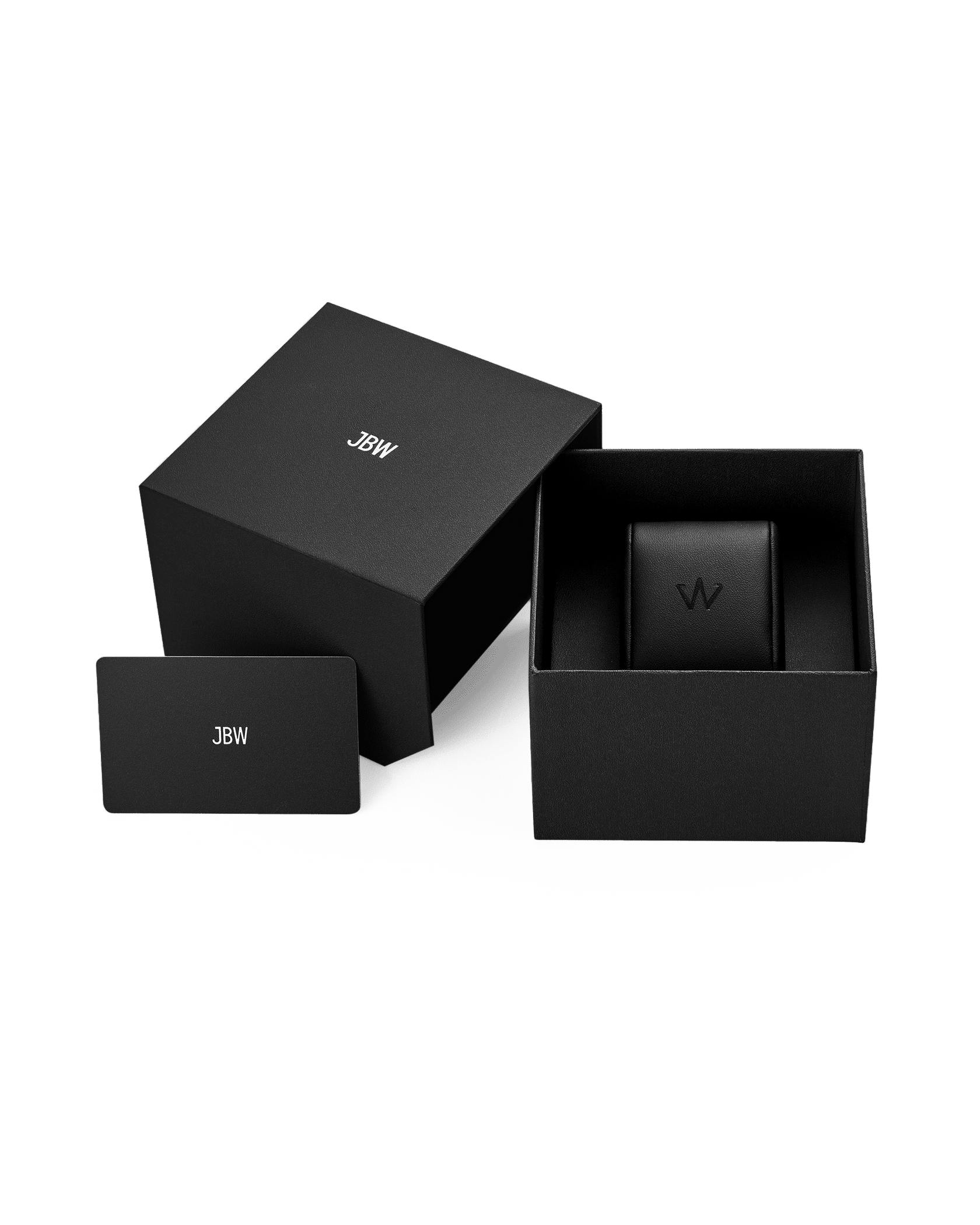 An open black JBW Watches gift box reveals a smaller case inside—perfect for showcasing the Coast | J6397A stainless steel watch. Beside it lies a black card with JBW on a white background.