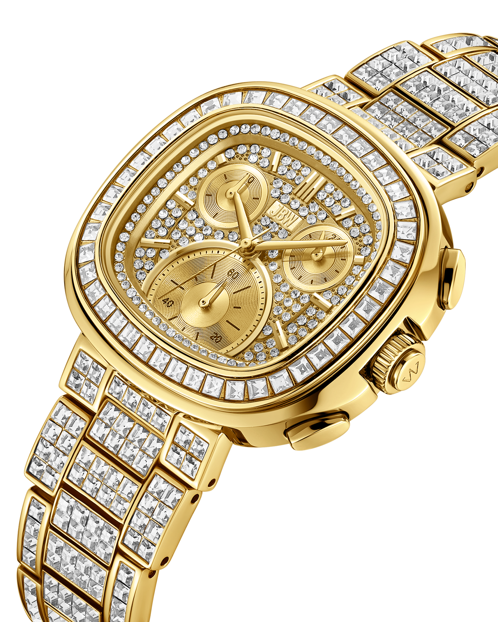 The JBW Watches RESERVE Coast Chandelier | R6397D is a gold chronograph watch with lab-grown diamonds on the face, bezel, and gold-tone bracelet, three subdials, and gold markers on a white background.