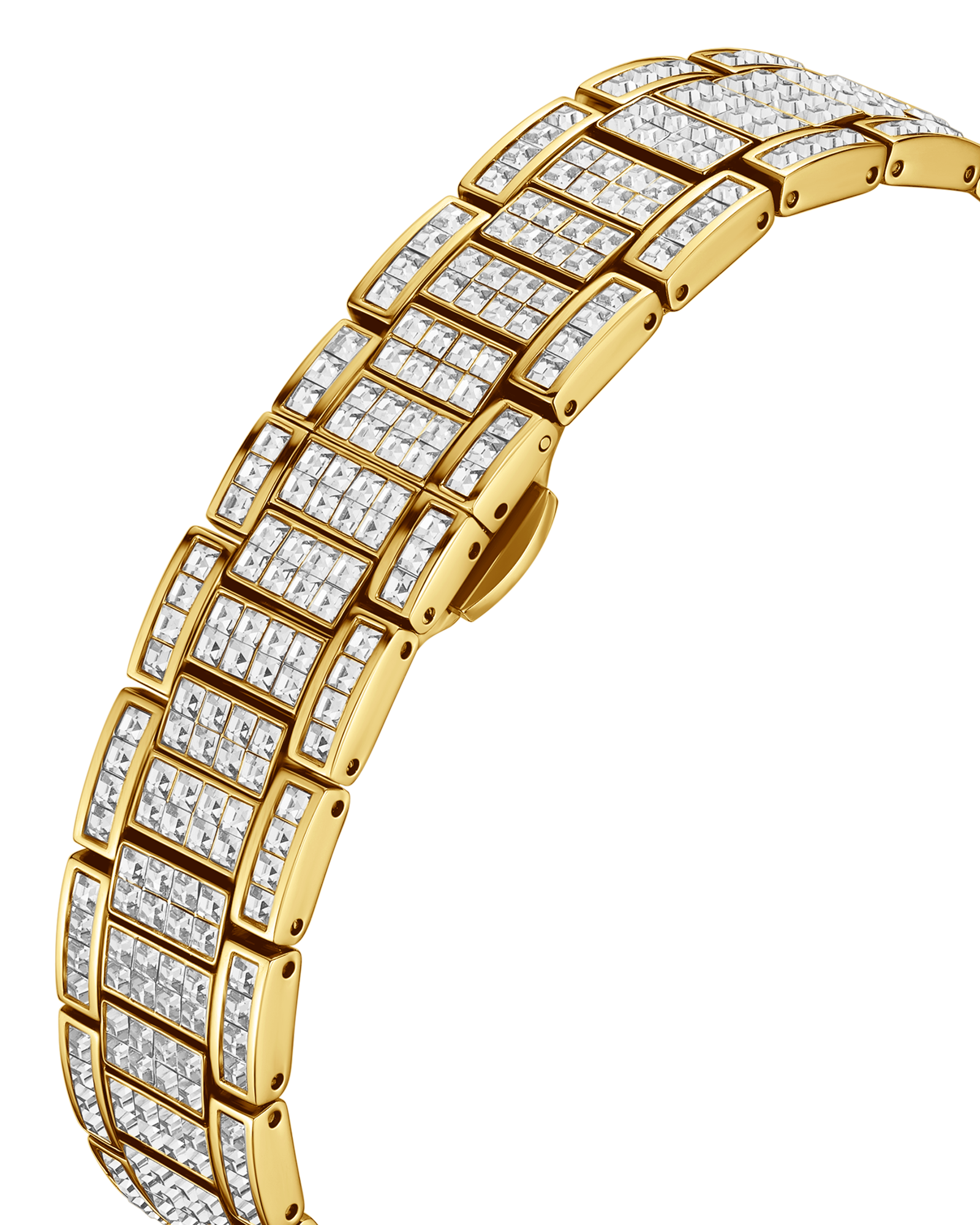 A close-up of the JBW Watches RESERVE Coast Chandelier | R6397D gold-tone bracelet, showcasing multiple rectangular links adorned with sparkling lab-grown diamonds against a white background.