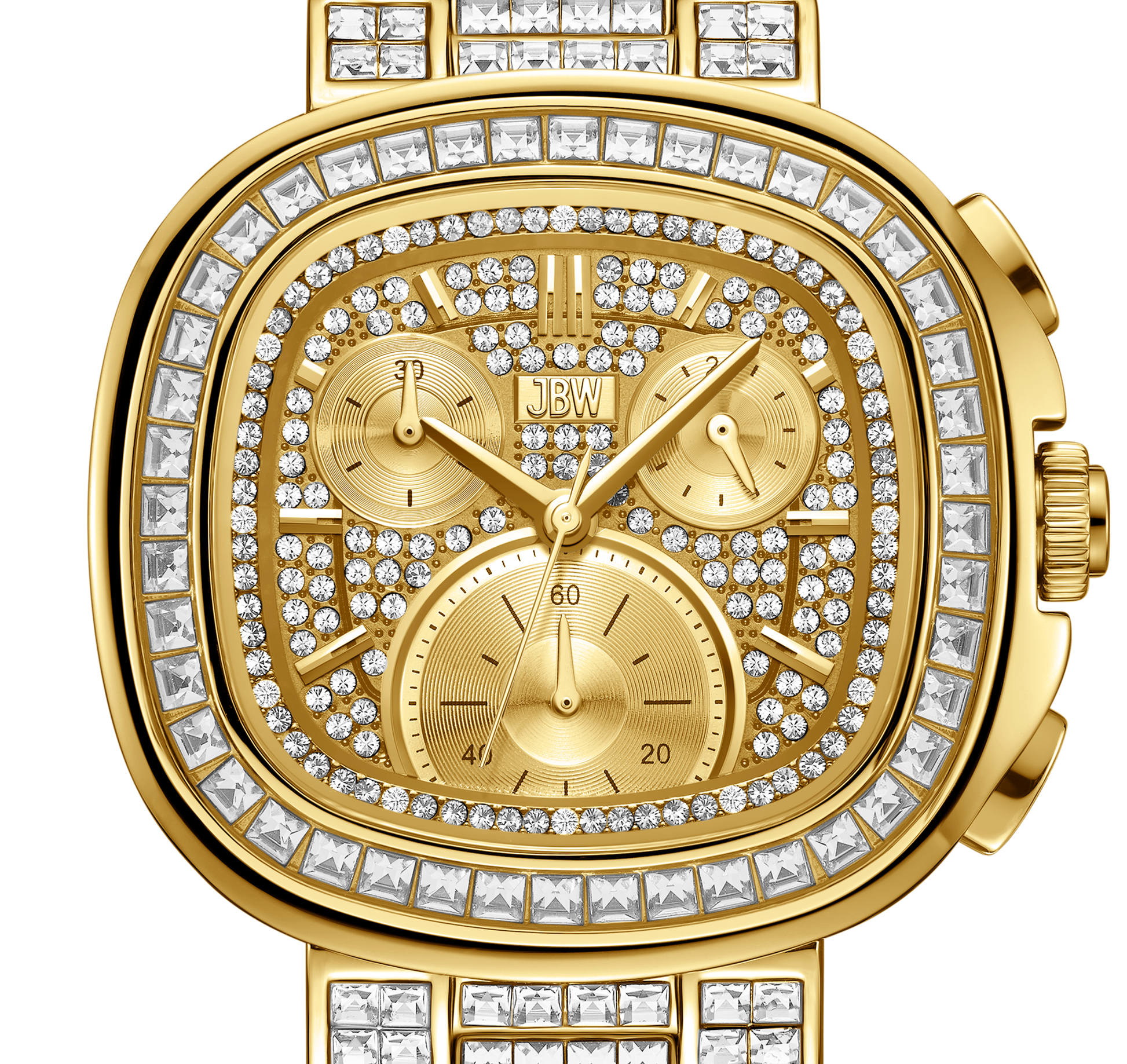 The JBW Watches RESERVE Coast Chandelier | R6397D is a gold chronograph watch with a square face, adorned with lab-grown diamonds on the bezel, dial, and band. It features three subdials and gold hands for an elegant, ornate look.