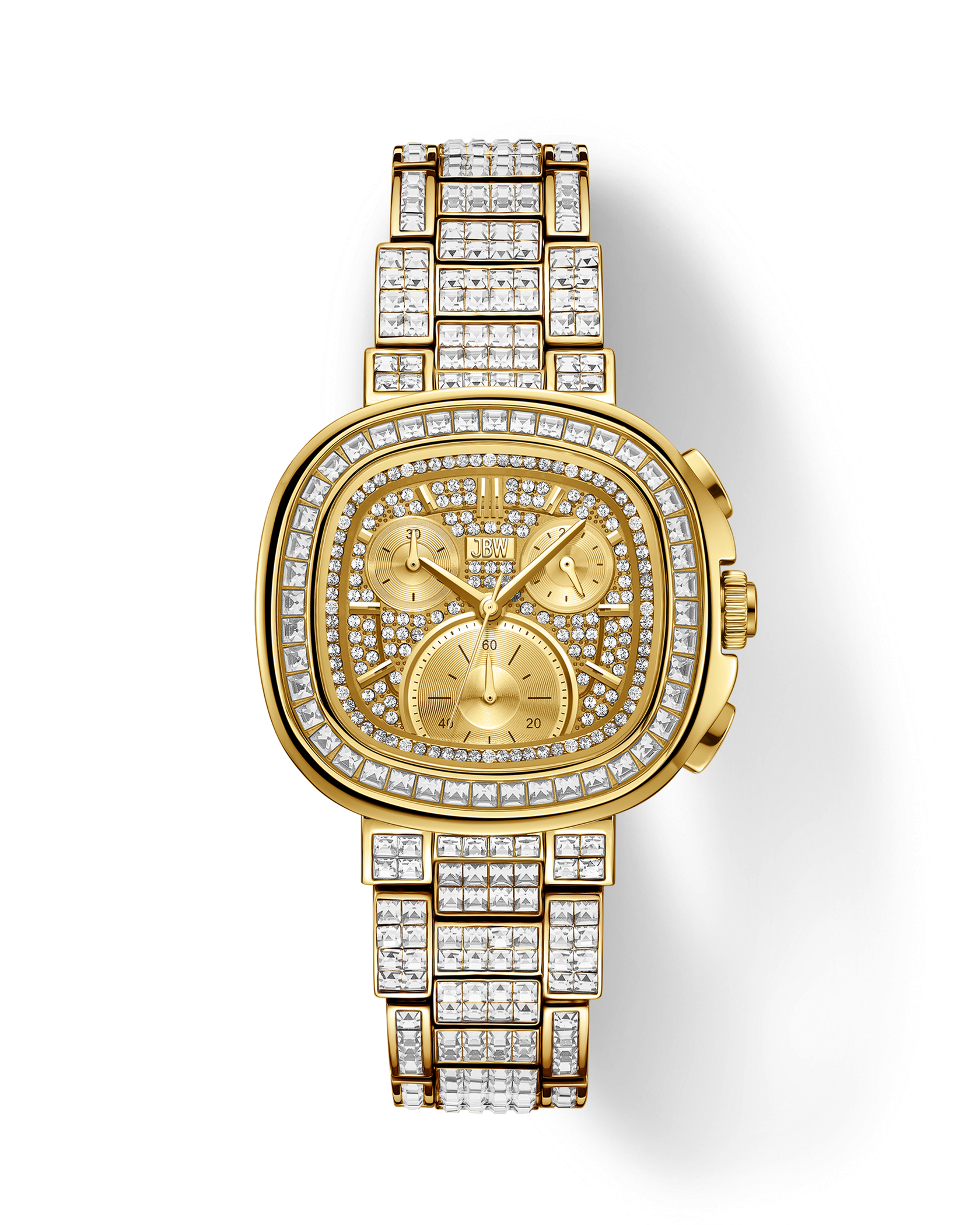 The JBW Watches RESERVE Coast Chandelier | R6397D is a gold-tone chronograph with three subdials, a rectangular case with rounded edges, and lab-grown diamonds set on its face and band for a dazzling look.