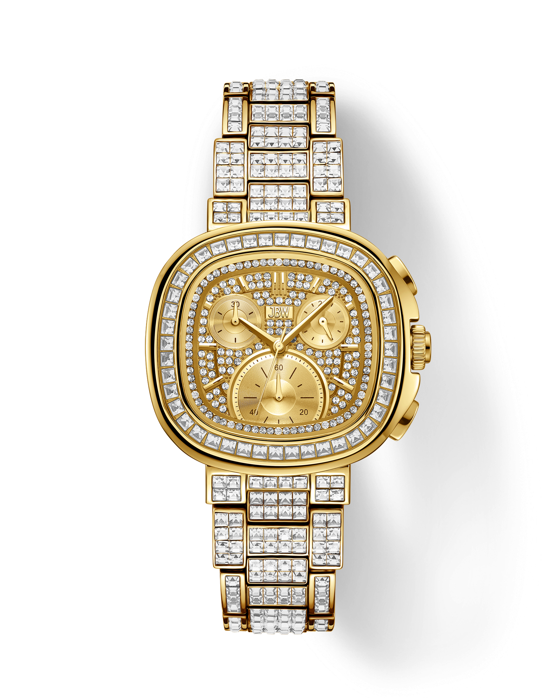 The JBW Watches RESERVE Coast Chandelier | R6397D is a gold-tone chronograph with three subdials, a rectangular case with rounded edges, and lab-grown diamonds set on its face and band for a dazzling look.