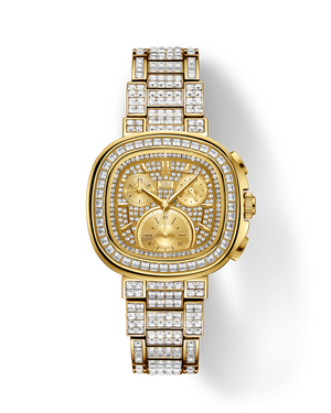 The JBW Watches RESERVE Coast Chandelier | R6397D is a gold-tone chronograph with three subdials, a rectangular case with rounded edges, and lab-grown diamonds set on its face and band for a dazzling look.
