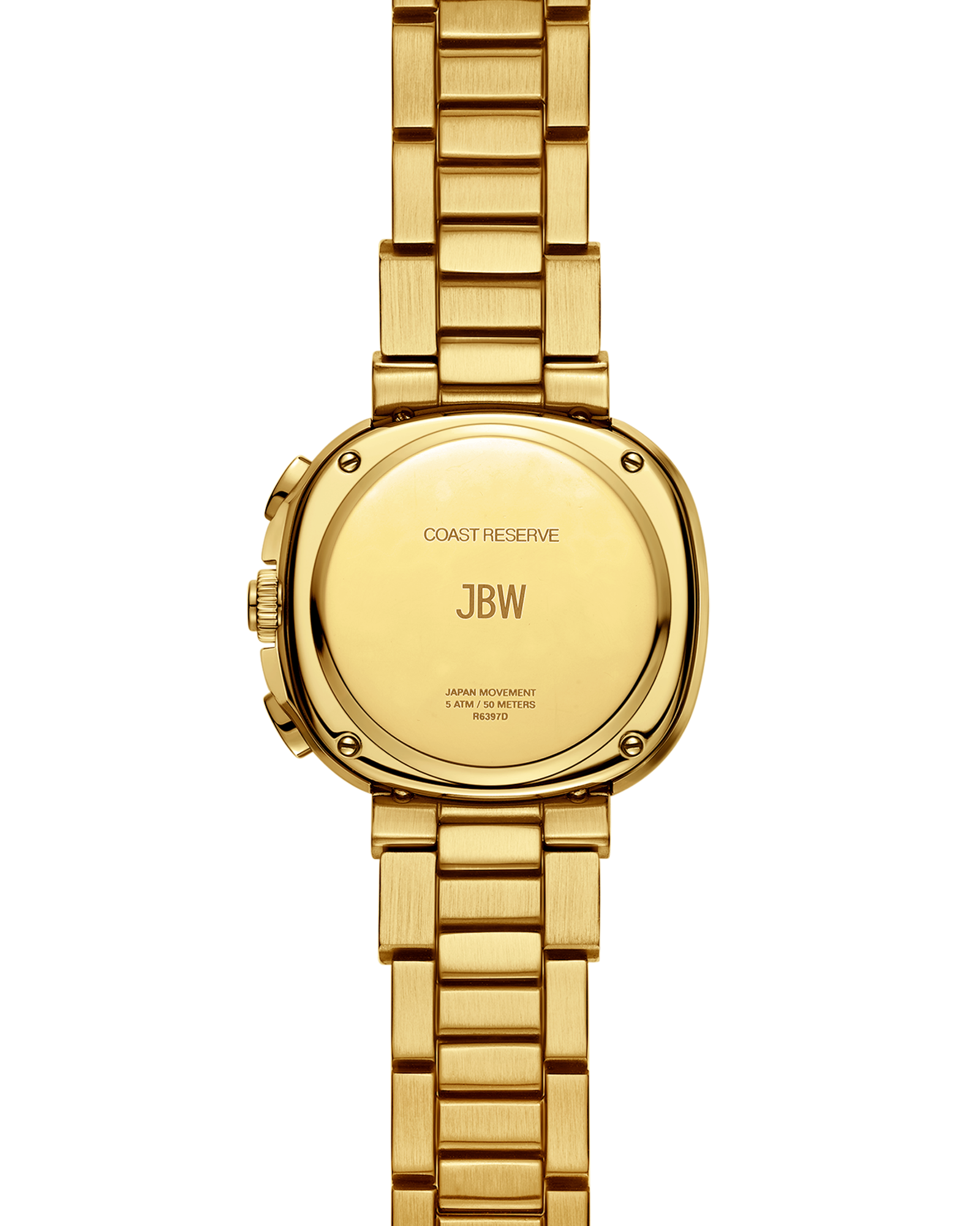 Gold RESERVE Coast Chandelier chronograph watch by JBW Watches with gold-tone bracelet shown from the back. The case back features COAST RESERVE, JBW, and details about the movement and model R6397D.