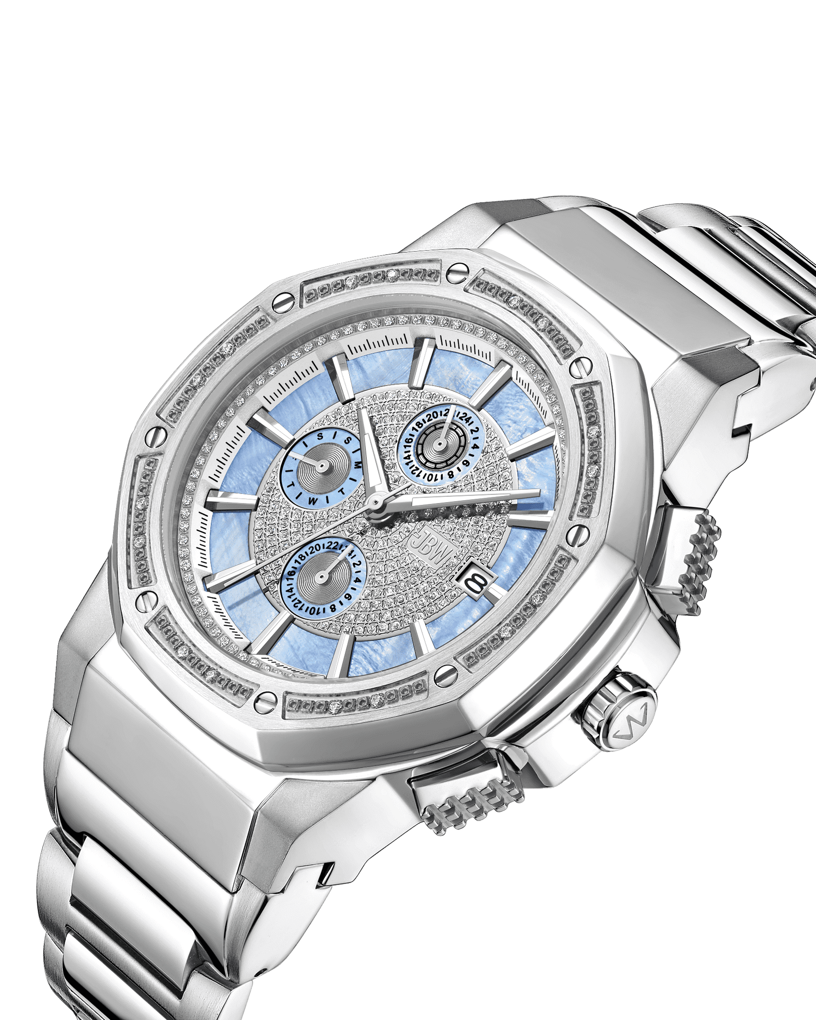 The Saxon | JB-6101-M by JBW Watches features a stainless steel bracelet, silver and light blue textured dial with three subdials, raised hour markers, and elegant embellishments on the bezel and crown.