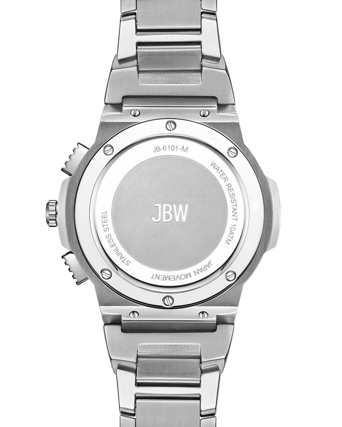 The image shows the back of a JBW Watches Saxon | JB-6101-M in silver stainless steel, engraved with JBW, WATER RESISTANT 10ATM, JAPAN MULTIFUNCTION MOVEMENT, and STAINLESS STEEL. The bracelet and case are also visible.
