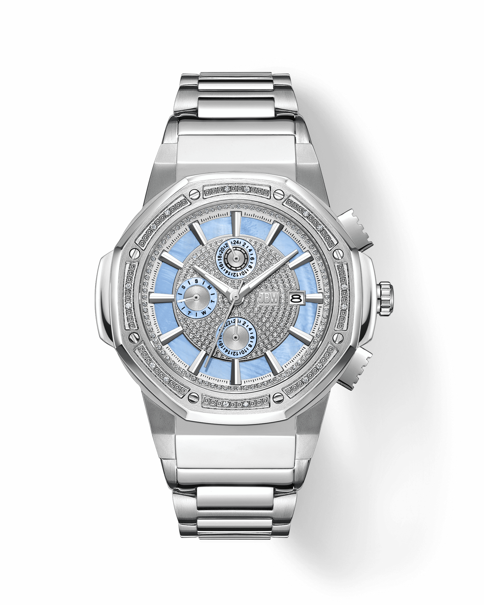 The JBW Watches Saxon | JB-6101-M features a metallic band, light blue and silver face, three subdials, date window, and genuine diamond bezel, shown on a plain white background.