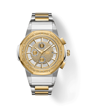 The JBW Watches Saxon | JB-6101-N features a silver and 18K gold plated band, round gold bezel, and a white and gold multi-dial face with date display and decorative accents for a luxurious look.