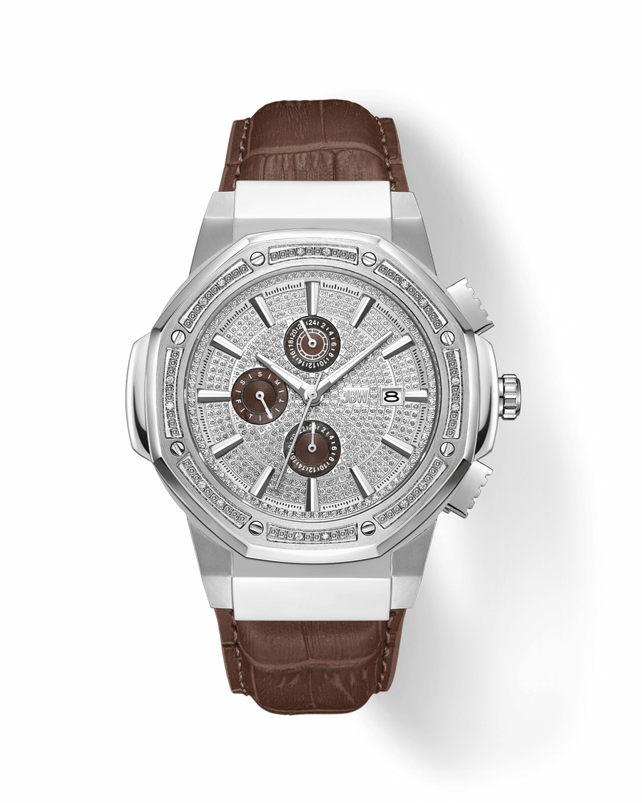 The JBW Saxon | JB-6101L-Q is a luxury timepiece with a silver case, diamond-encrusted face, three subdials, date display, and brown leather strap, showcased on a plain white background.