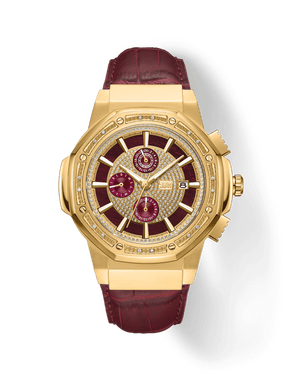 The Saxon | JB-6101L-R by JBW Watches features a gold case, burgundy dial and strap with a crocodile-patterned leather, genuine diamonds, three subdials, and a date display for a luxurious look.