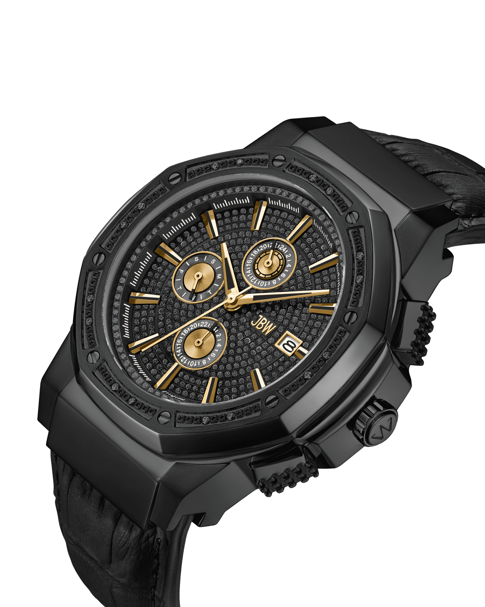 The JBW Watches Saxon | JB-6101L-S features a textured black dial, gold hour markers and hands, three subdials, date display, and a black leather strap, displayed on a white background.