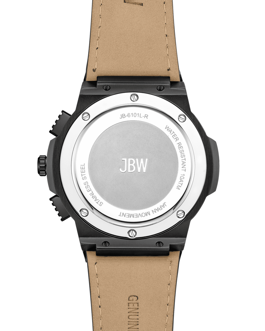 The back of the Saxon | JB-6101L-S by JBW Watches has a round stainless steel case, black edges, and a tan leather strap. It’s engraved with JBW, WATER RESISTANT, JAPAN MOVEMENT, and STAINLESS STEEL.