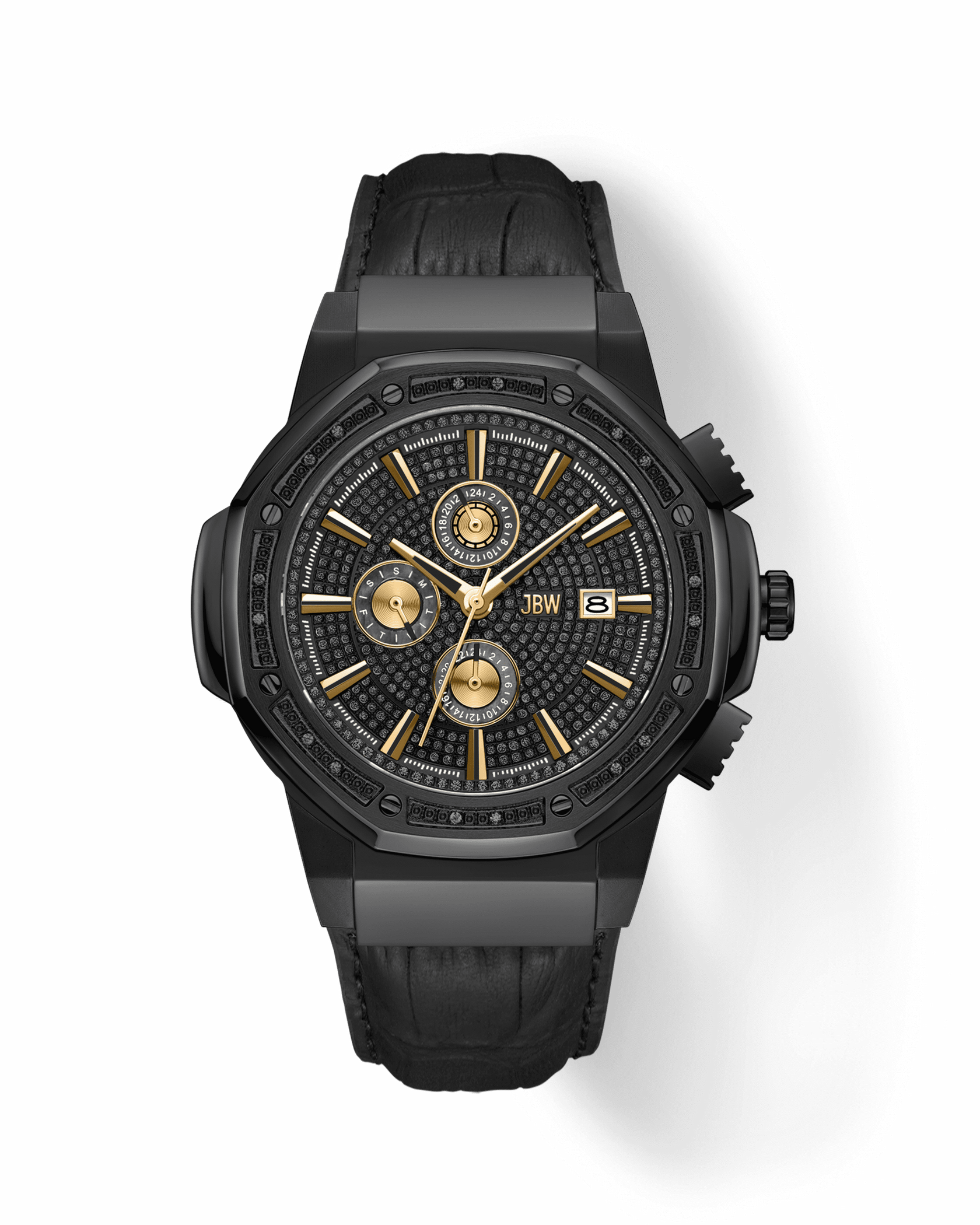 The JBW Watches Saxon | JB-6101L-S is a black luxury timepiece featuring a textured black dial, gold hands and markers, three sub-dials, a date window, and a sleek black leather strap.