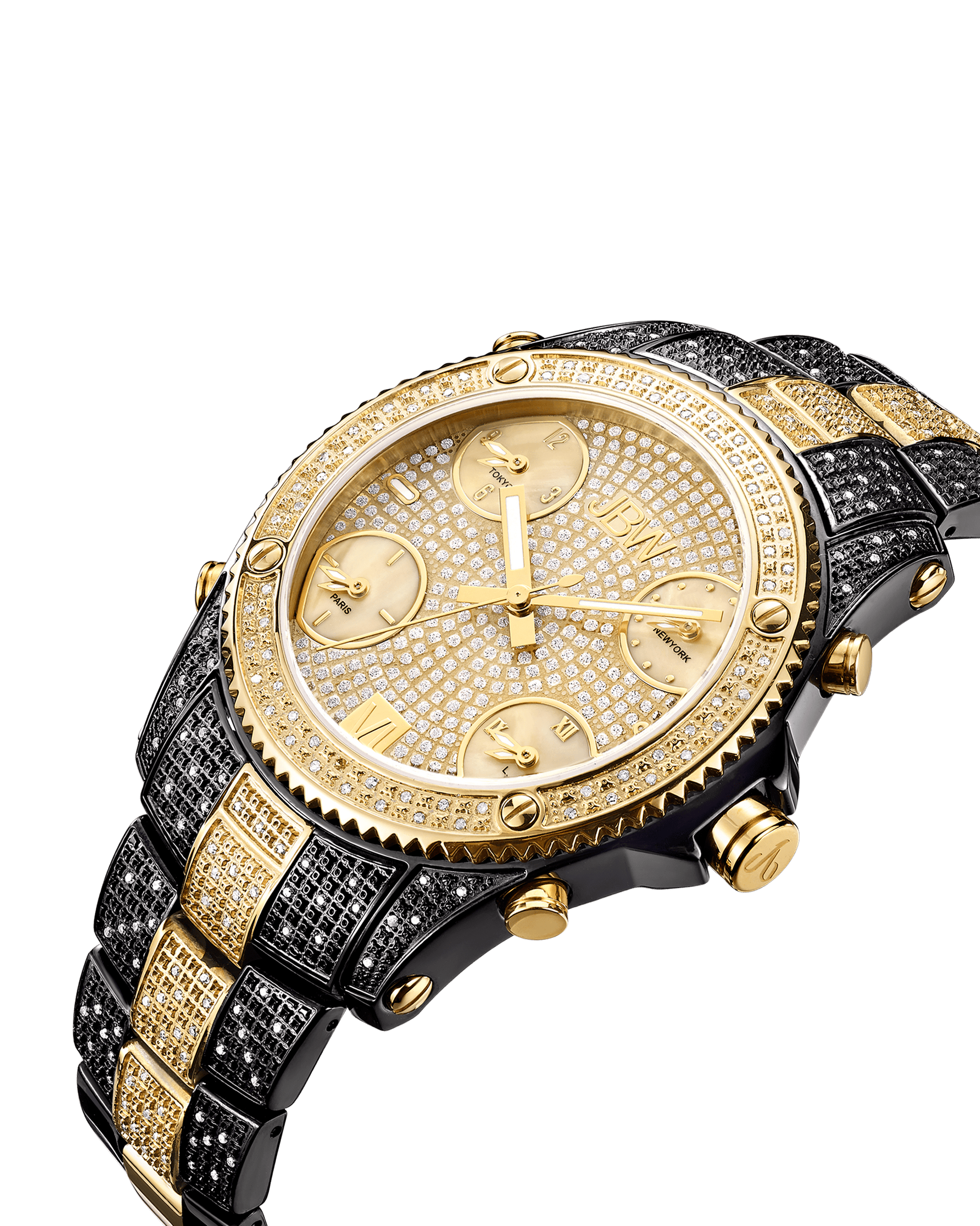 The JBW Jet Setter | JB-6213-D is a luxurious gold and black diamond watch with a round face, Swiss movements, three subdials, Roman numerals, and a bold two-tone black and gold metal band.