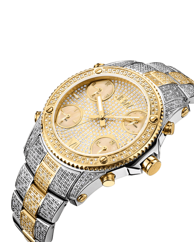 The JBW Jet Setter | JB-6213-E is a luxury diamond watch with a gold and silver two-tone band, 18K gold-plated stainless steel, textured bezel, round face, Roman numerals, and three sub-dials.