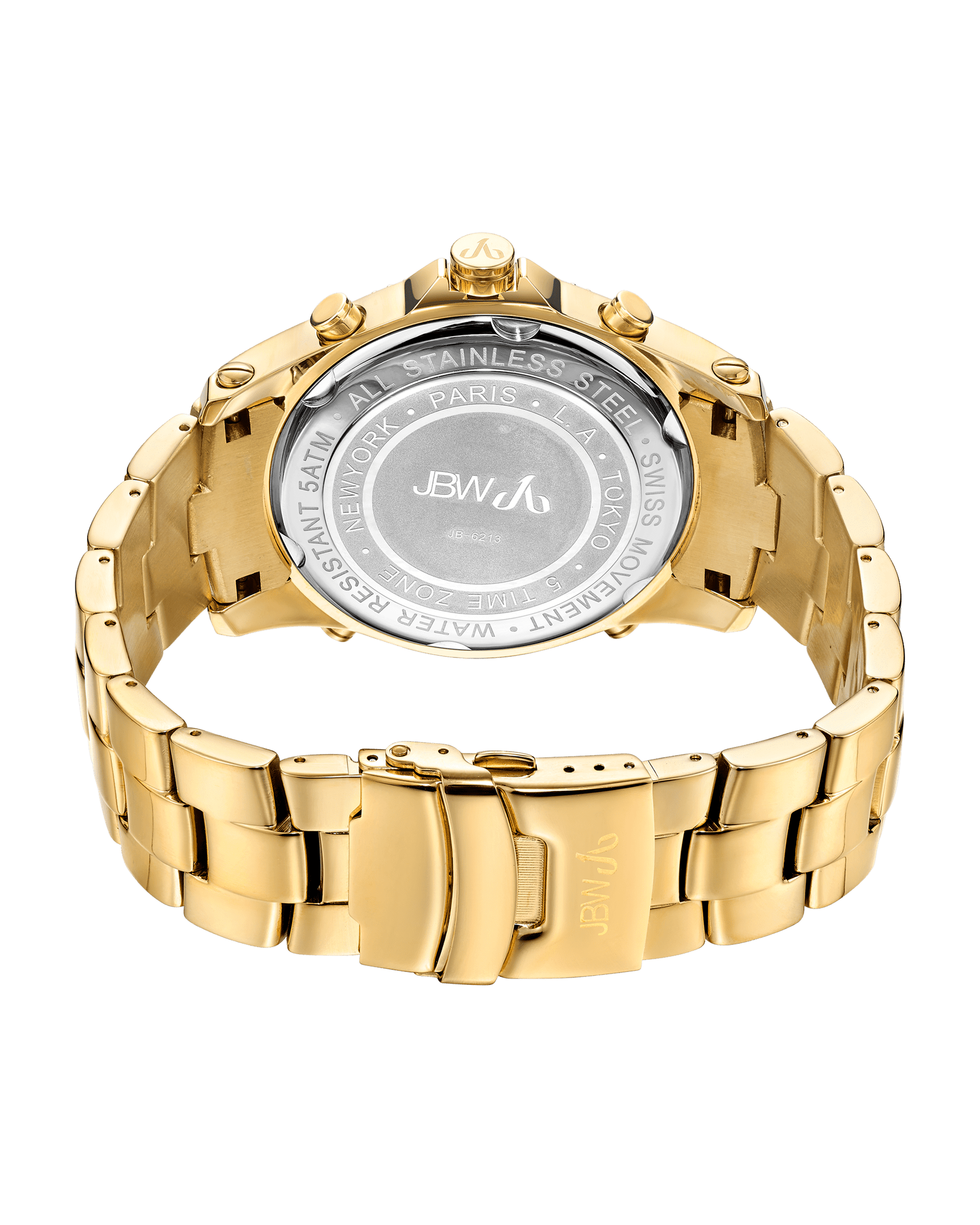 The JBW Jet Setter | JB-6213-A is a gold-tone five time zone watch with a stainless steel back, featuring the JBW logo and engraved details on water resistance, material, and brand origin; shown with its clasp open.