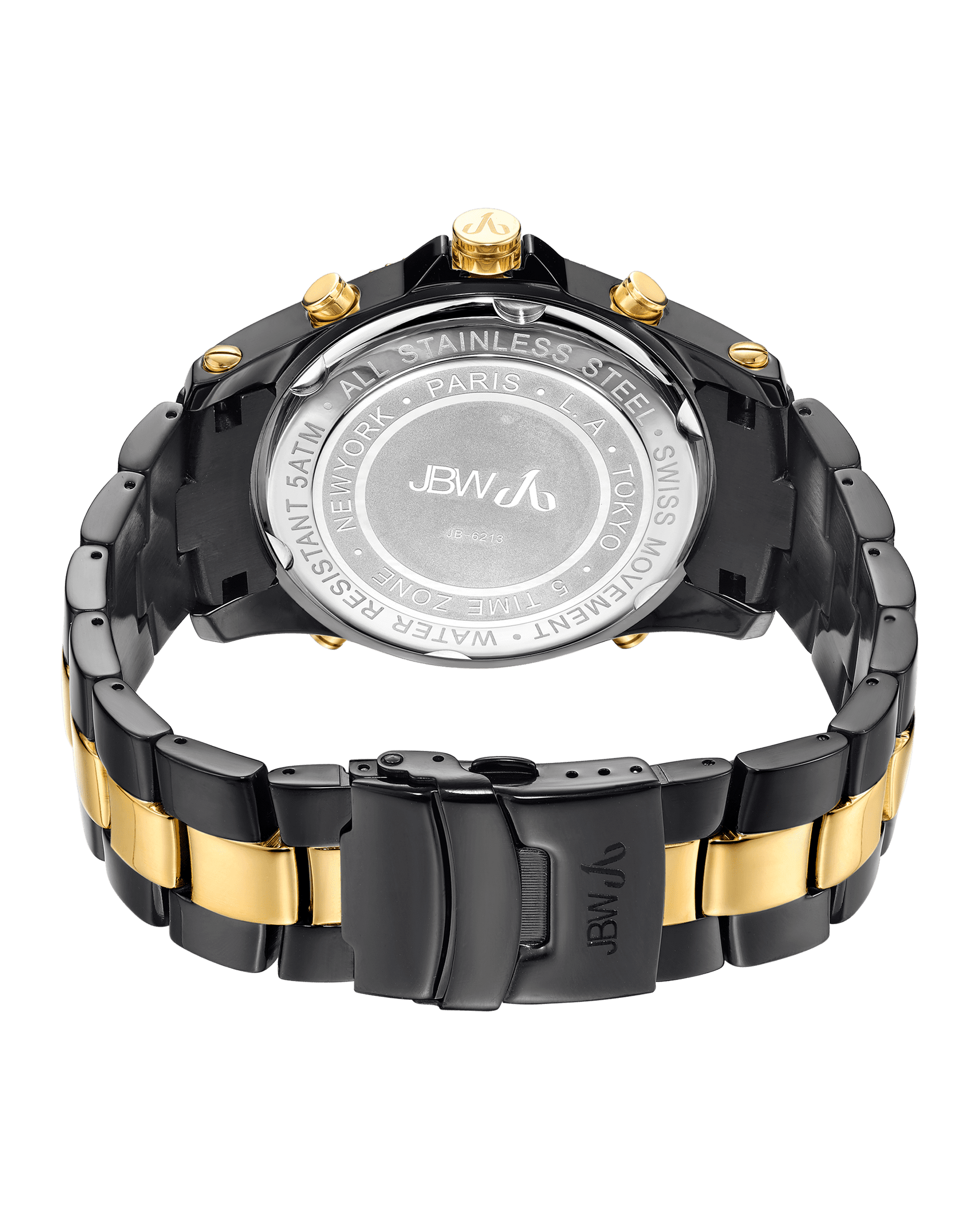 A close-up of the back of the JBW Jet Setter | JB-6213-D shows black and gold stainless steel, engraved brand details, water resistance info, and a clasp with the JBW logo.