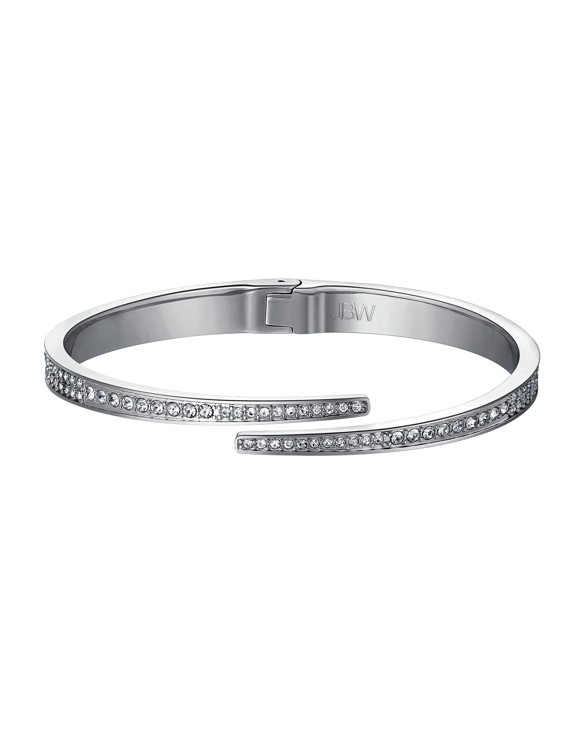 The JBW Cristal 28 | J6387-SetC is a silver cuff bracelet with two overlapping open ends, each set with sparkling Austrian crystals and a smooth interior engraved with "JBW," evoking the sophistication of a stainless steel bangle.