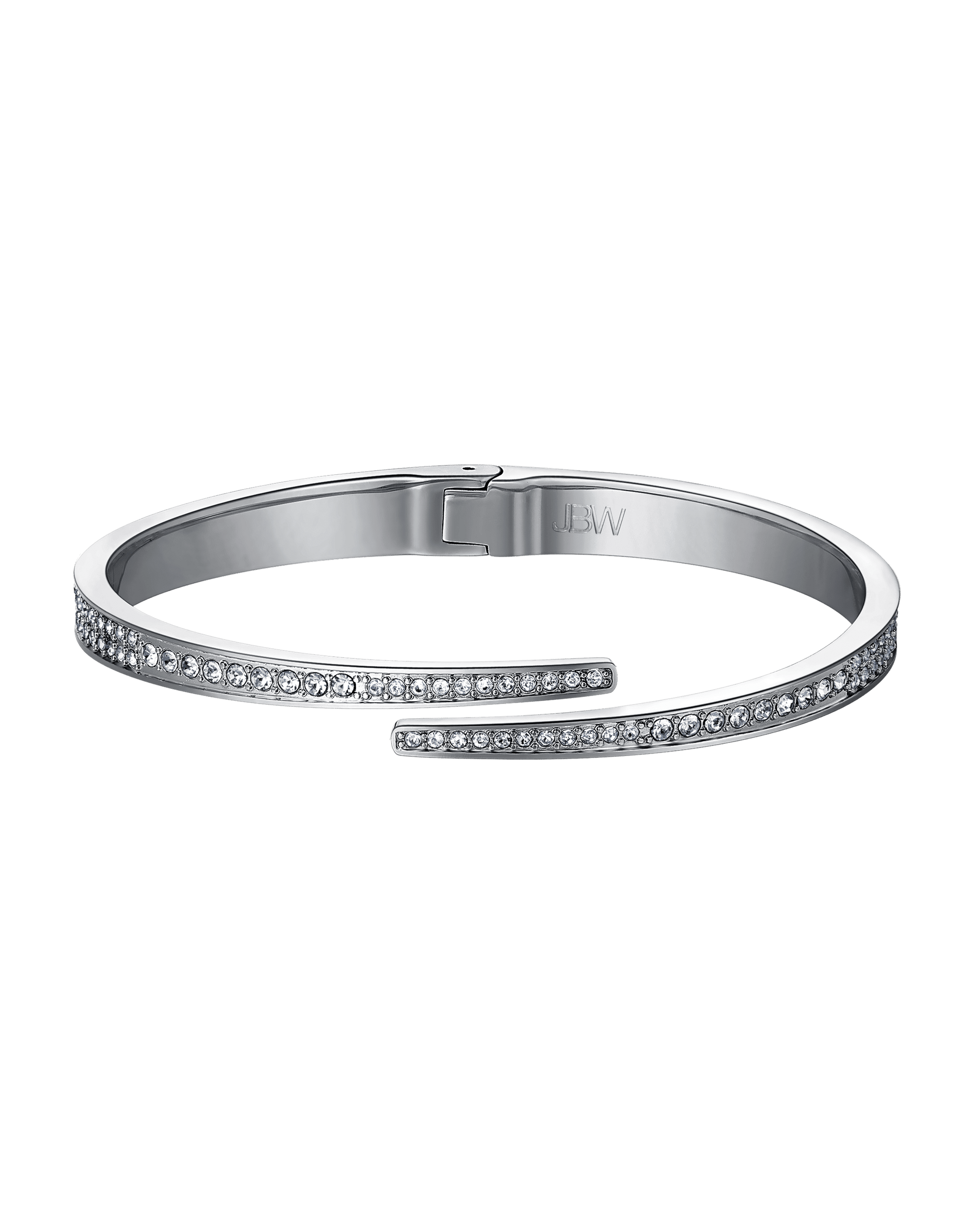 The Mondrian | J6303-SetA by JBW is a sleek silver cuff bracelet with a minimalist open-ended design, two parallel rows of sparkling stones, and "JBW" engraved on the interior.
