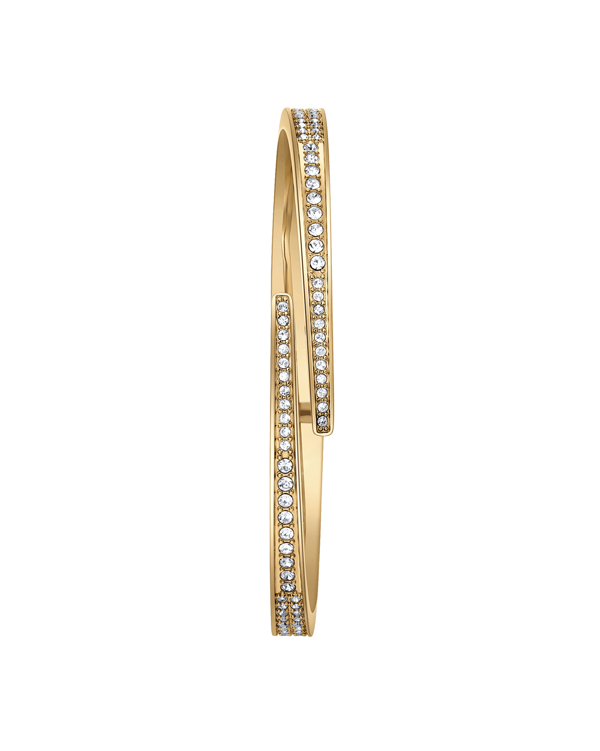 The Cristal 28 | J6387-SetA bangle by JBW features two gold-plated overlapping bands, each adorned with sparkling Austrian crystals. Its modern, elegant design stands out beautifully against a plain white background.