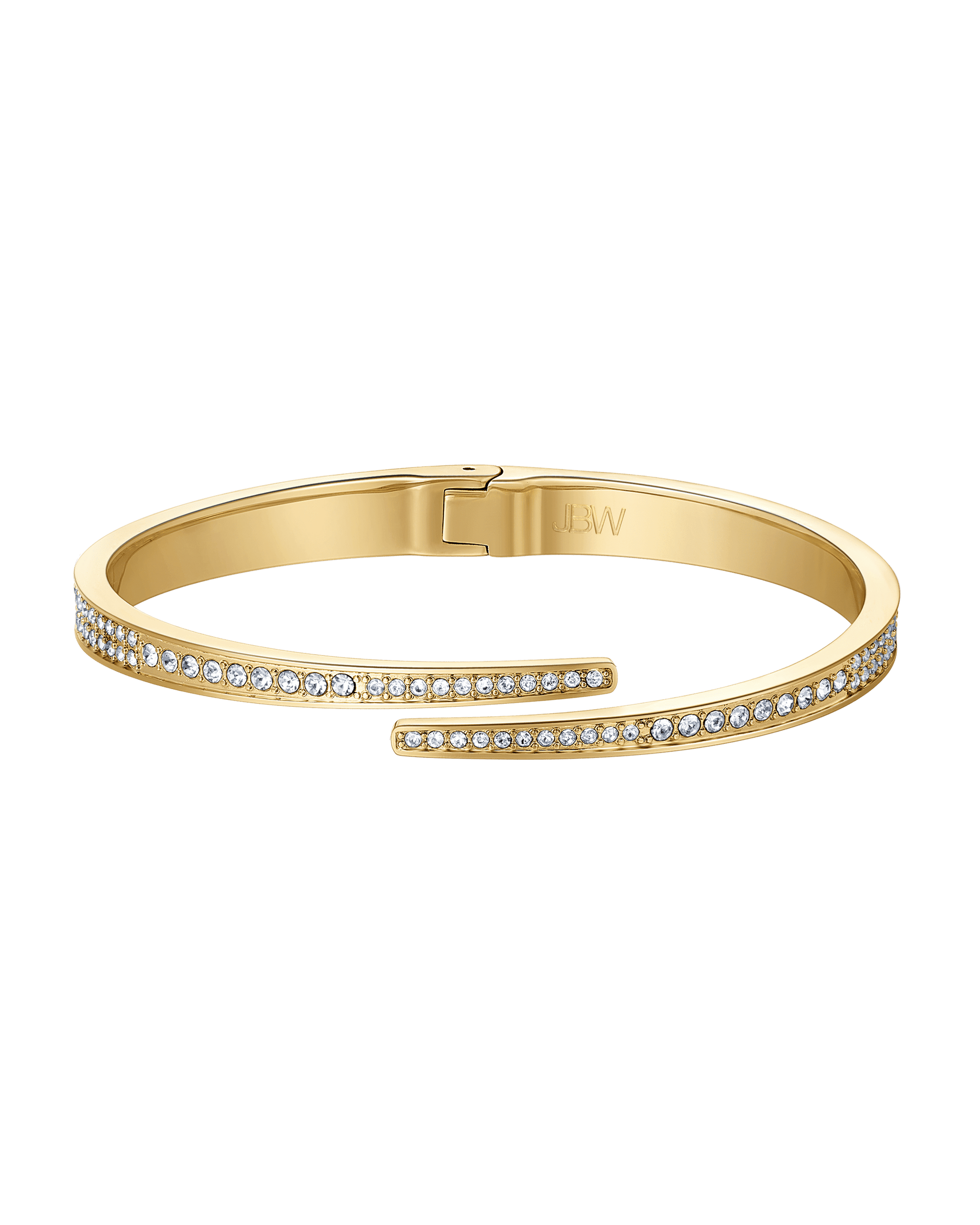 The Cristal 28 | J6387-SetA by JBW is a gold-plated open bangle bracelet, featuring twin rows of Austrian crystals on the top edges and an interior engraving that reads JBW.