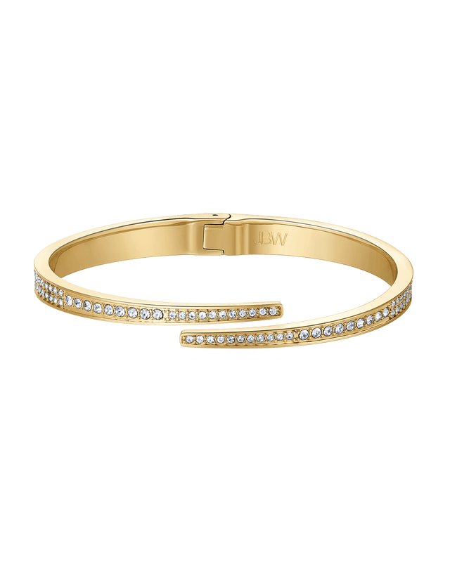 The JBW Cristal 28 | J6387-SetA set features a gold square-faced diamond watch and matching gold-plated bangle, both embellished with rows of Austrian crystals, displayed together on a light background.