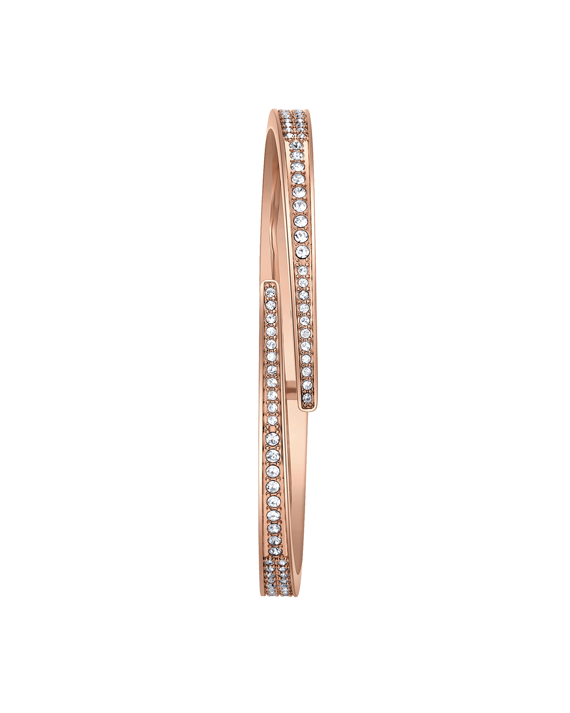 The JBW Cristal 28 | J6387-SetB is a rose gold bangle featuring two parallel rows of round white diamonds along the top, offering a minimalist, elegant design that stands out against any background.
