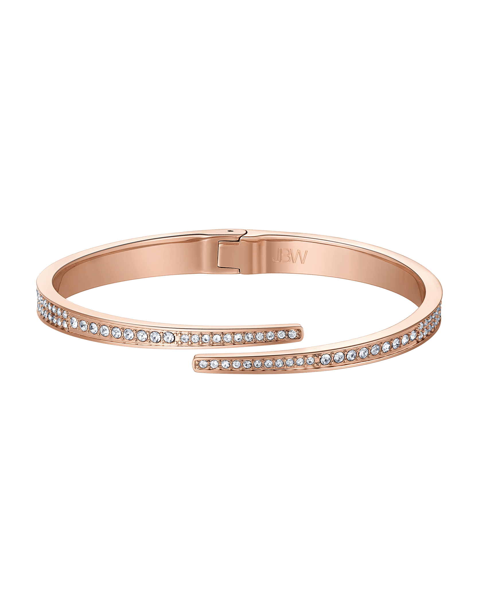 The JBW Cristal 28 | J6387-SetB is a rose gold bangle bracelet with two parallel rows of clear stones, an open overlapping end design, and “JBW” engraved inside—elegant and crystal-inspired.