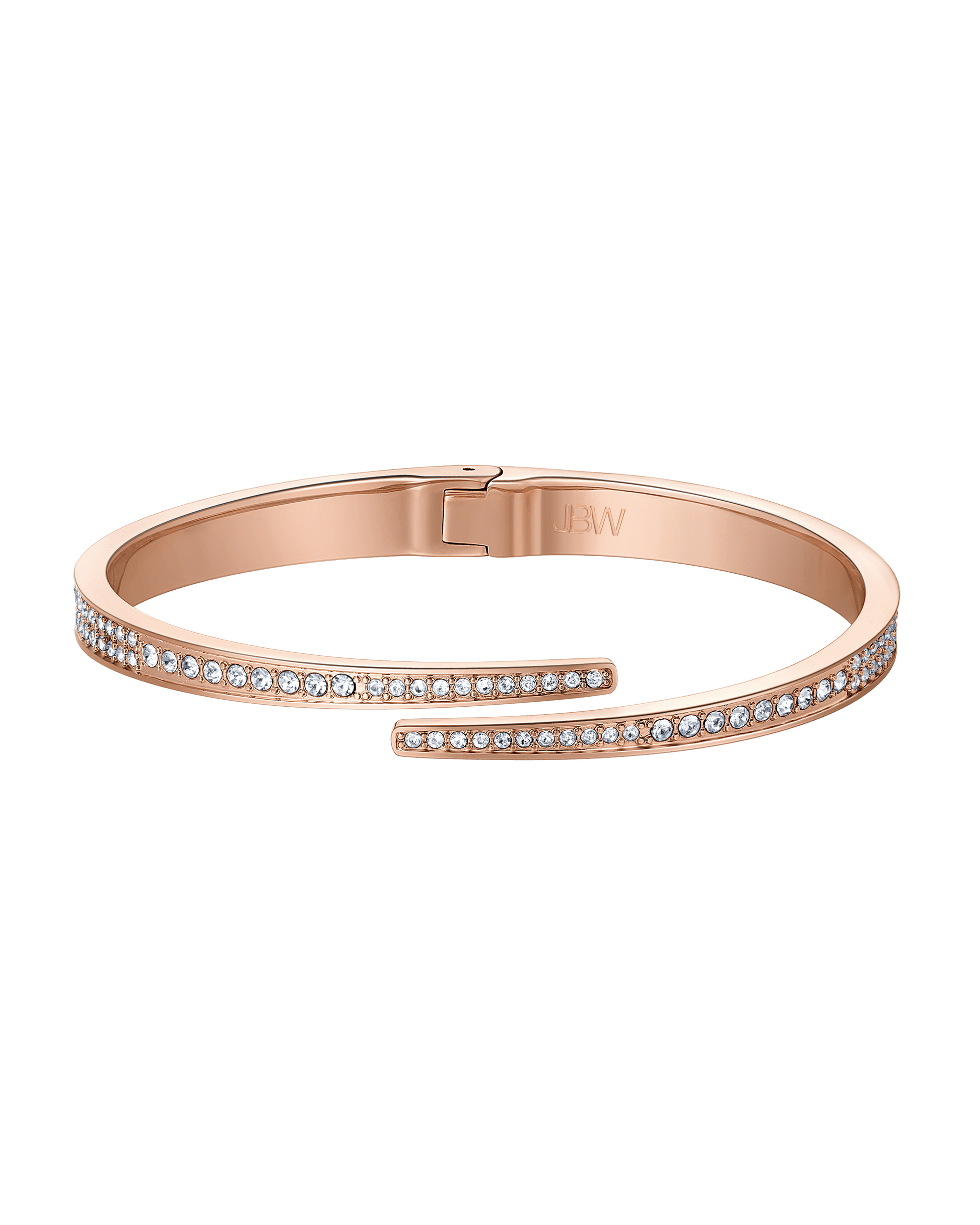 The JBW Cristal 28 | J6387-SetB is a rose gold bangle bracelet with two parallel rows of clear stones, an open overlapping end design, and “JBW” engraved inside—elegant and crystal-inspired.