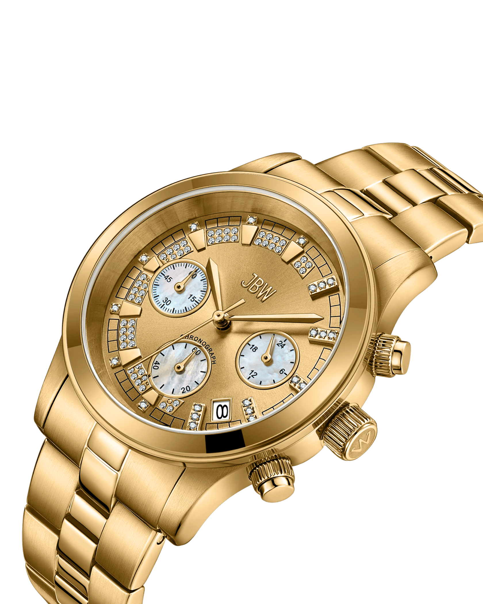 The JBW Muse | JB-6217-E is an 18K gold-plated watch with a metal band, diamond accents, three subdials, and a date window, shown at an angle on a white background.