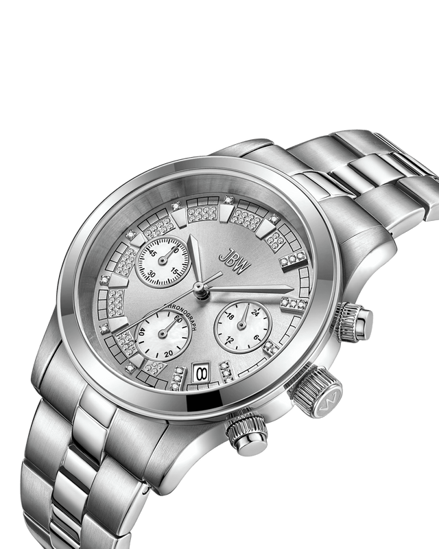 The JBW Muse (JB-6217-K) is a silver diamond chronograph watch with a round face, mother-of-pearl subdials, textured bezel with square accents, stainless steel bracelet, and three side buttons on the right.