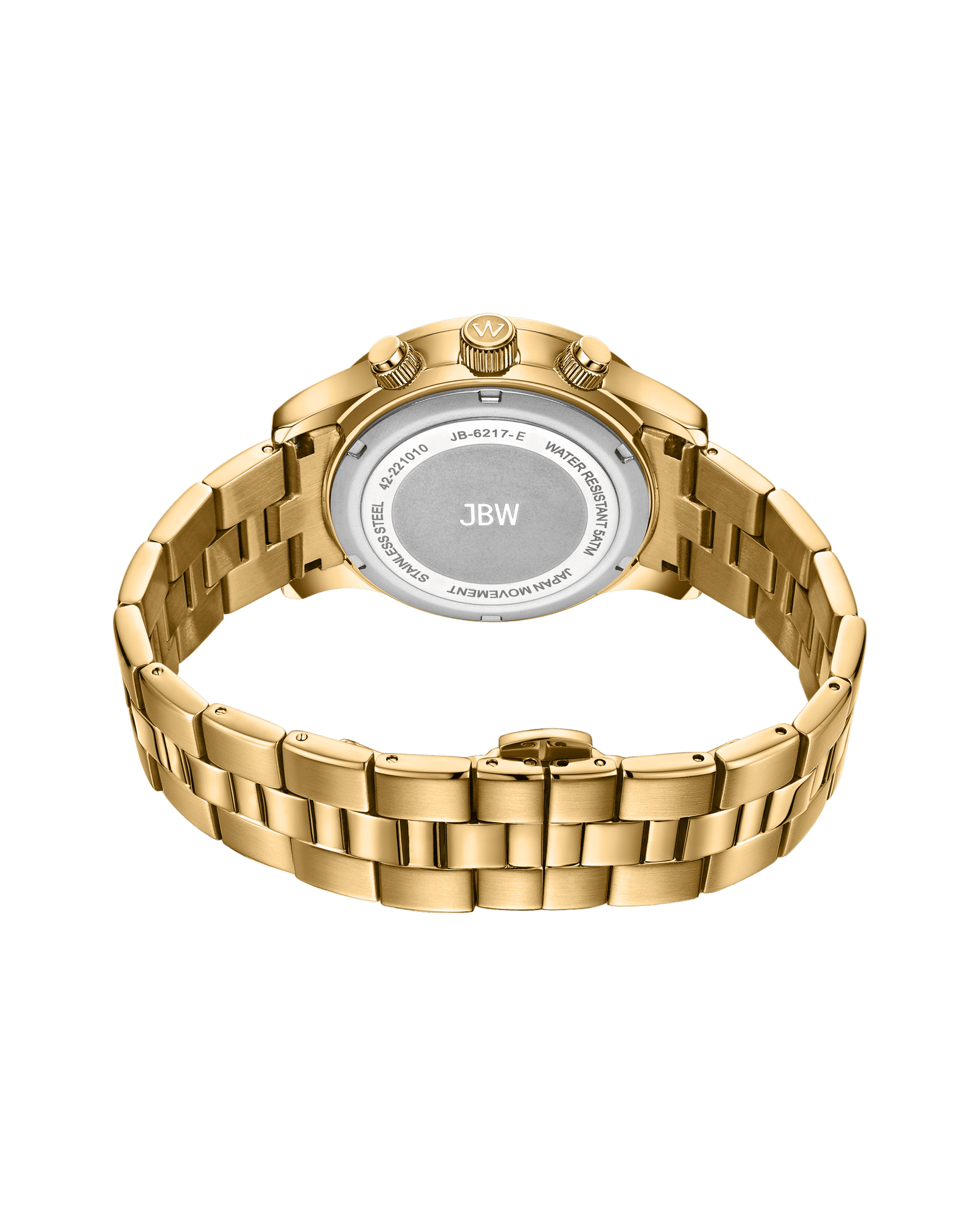 The Muse | JB-6217-E by JBW is shown from the back, featuring an 18K gold-plated metal link band, with focus on the clasp and engraved case back details including the brand and model information.