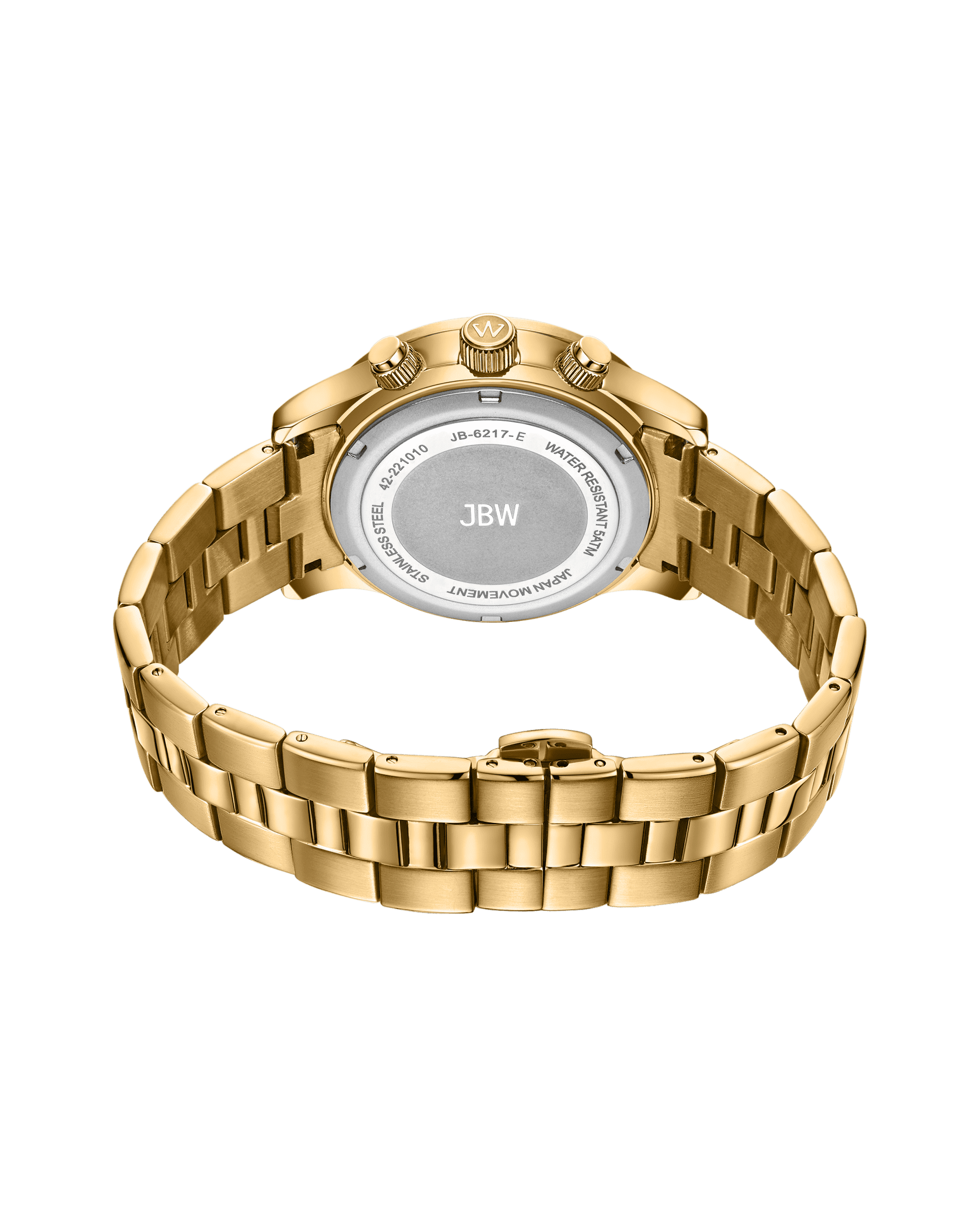 The Muse | JB-6217-E by JBW is shown from the back, featuring an 18K gold-plated metal link band, with focus on the clasp and engraved case back details including the brand and model information.