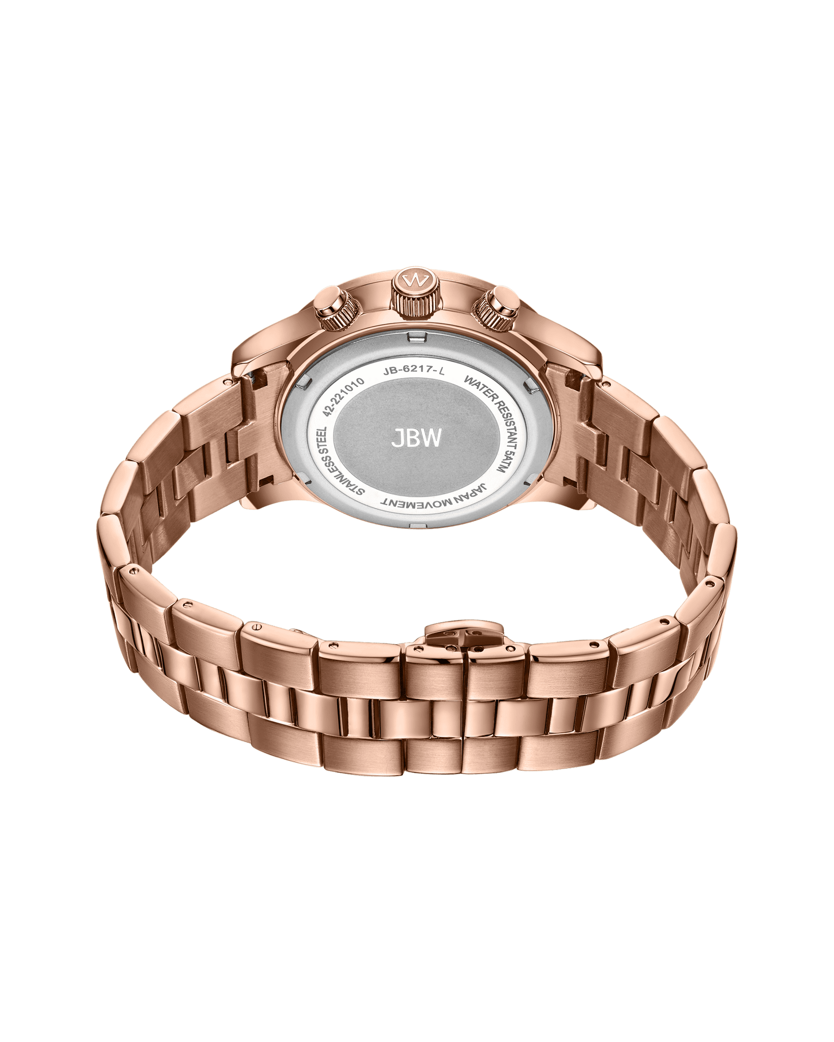 A rose gold JBW Muse | JB-6217-L watch is shown from the back, highlighting its clasp, links, and engraved case back with branding and model information.