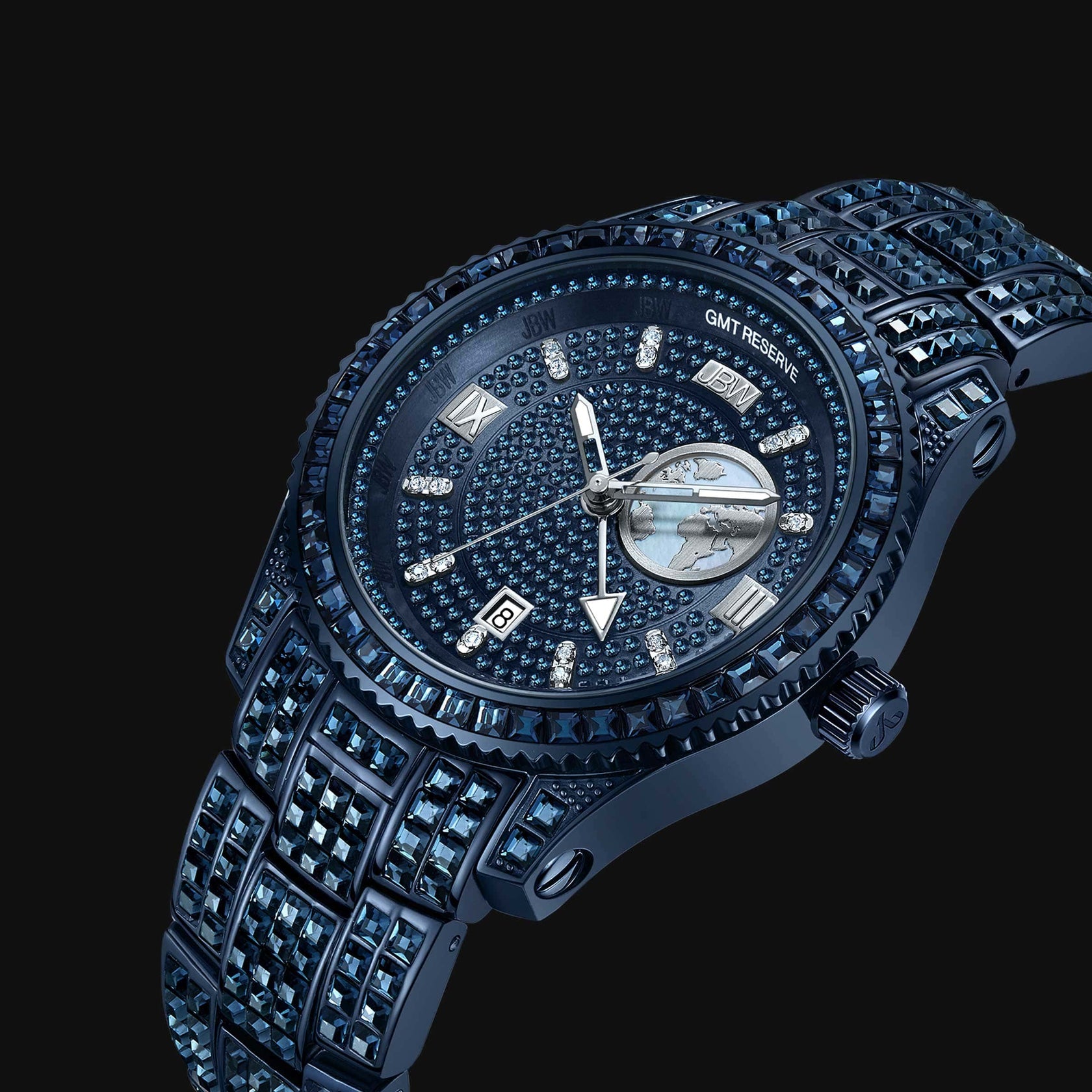 The JBW Watches RESERVE Bleu 39 | R6393A-GA (Grade A) features sapphire blue crystal accents, a black dial with Roman numerals, date display, Swiss GMT movement, and a world map motif.