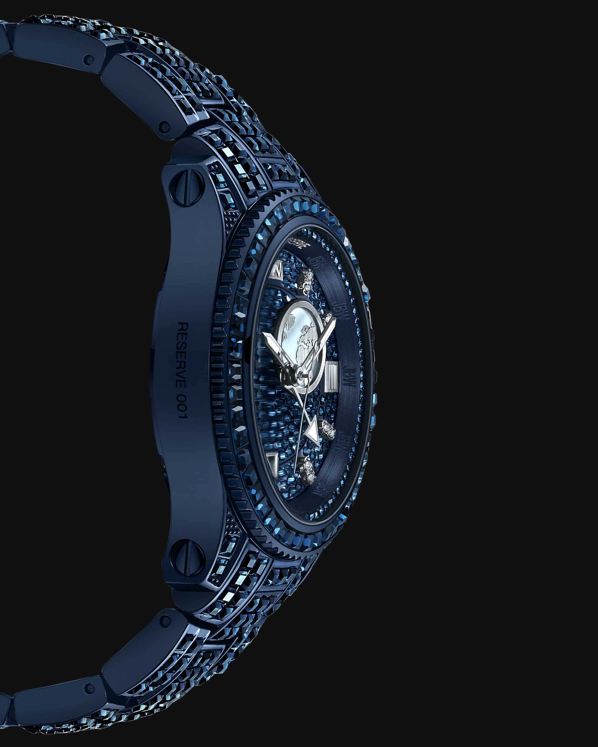A close-up, side view of the JBW Watches RESERVE Bleu 39 | R6393A-GA (Grade A), featuring a blue metal band and gem-encrusted face and bezel, set against a solid black background.