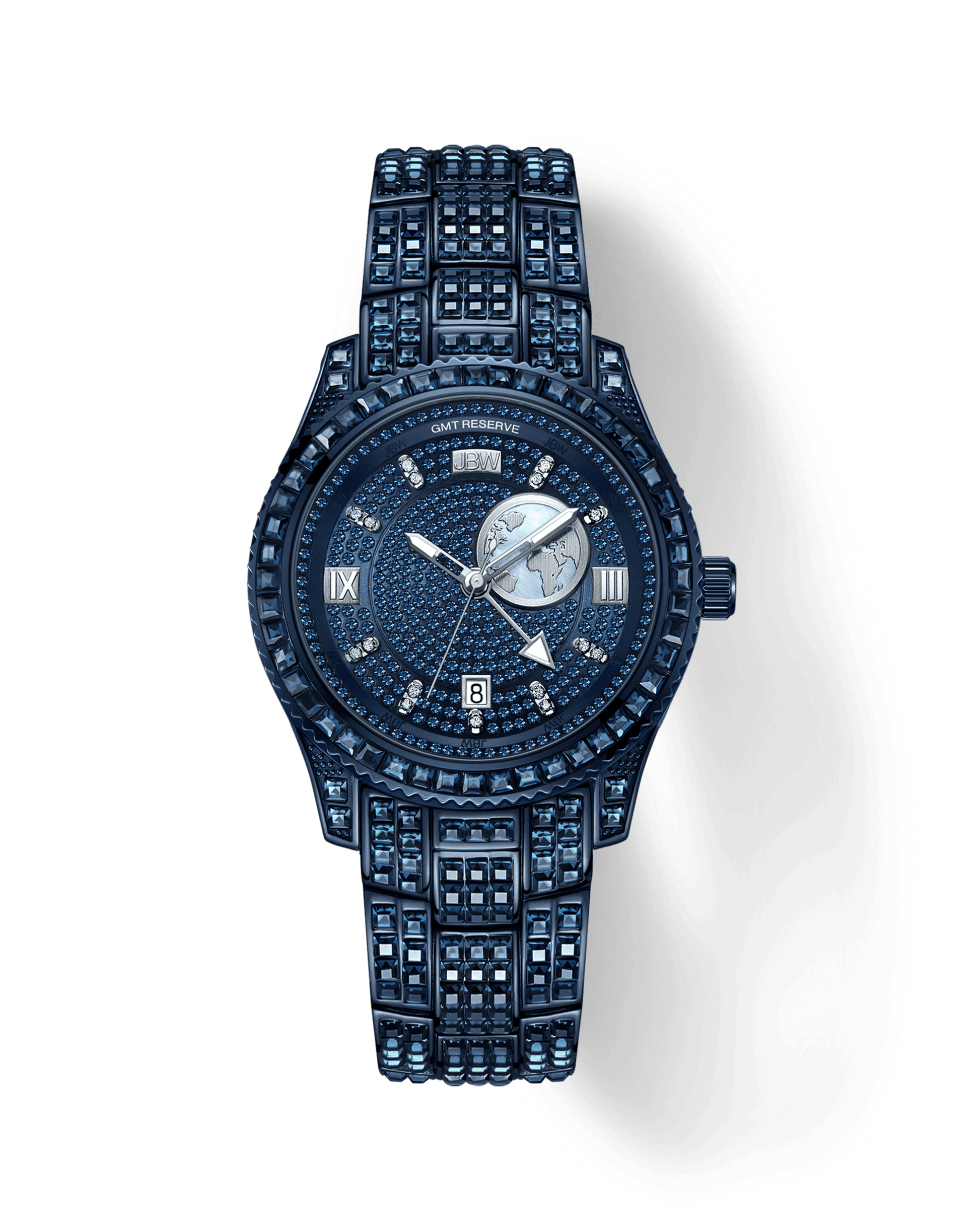 The RESERVE Bleu 39 | R6393A-GA by JBW Watches is a sapphire blue crystal watch with a round face, Roman numerals, sub-dial, and rectangular date window at 6 o’clock. Its band features blue stones for added elegance.