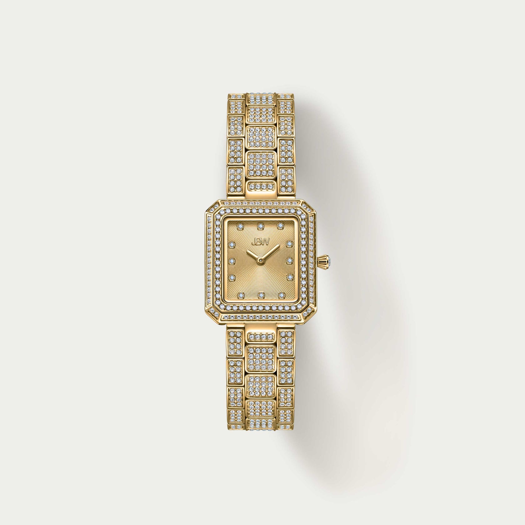 The JBW Watches Arc Single (Sample Sale) | J6390A-GA features a unisex square face with Roman numerals, and a crystal-embellished band and case adorned with diamonds, offering a luxurious look against a plain white background.