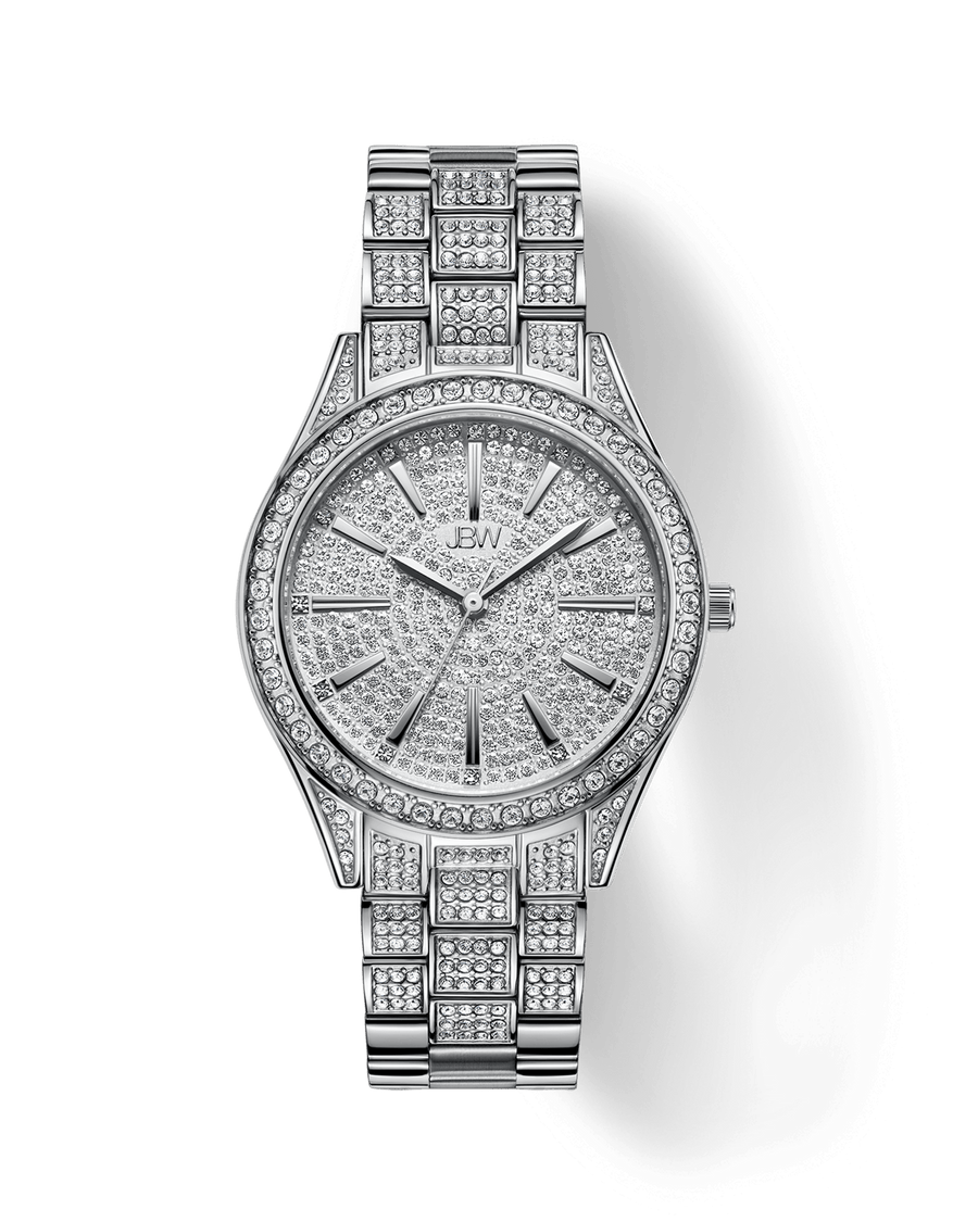 The JBW Cristal 34 | J6383C is a silver wristwatch featuring a stainless steel band and face encrusted with sparkling crystals, shown on a white background.